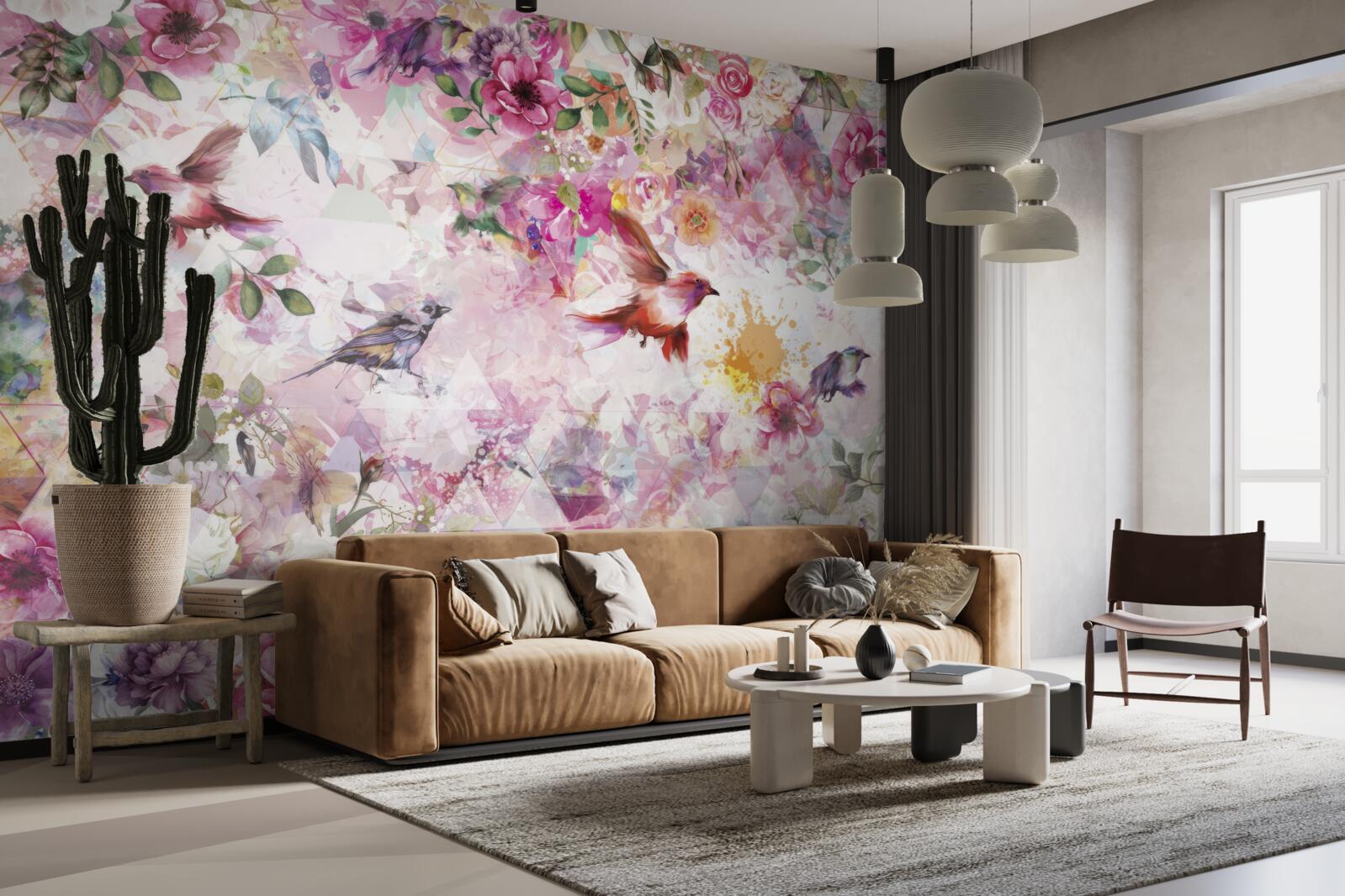 Fototapeten Hintergrund mit Blumen und Vögeln