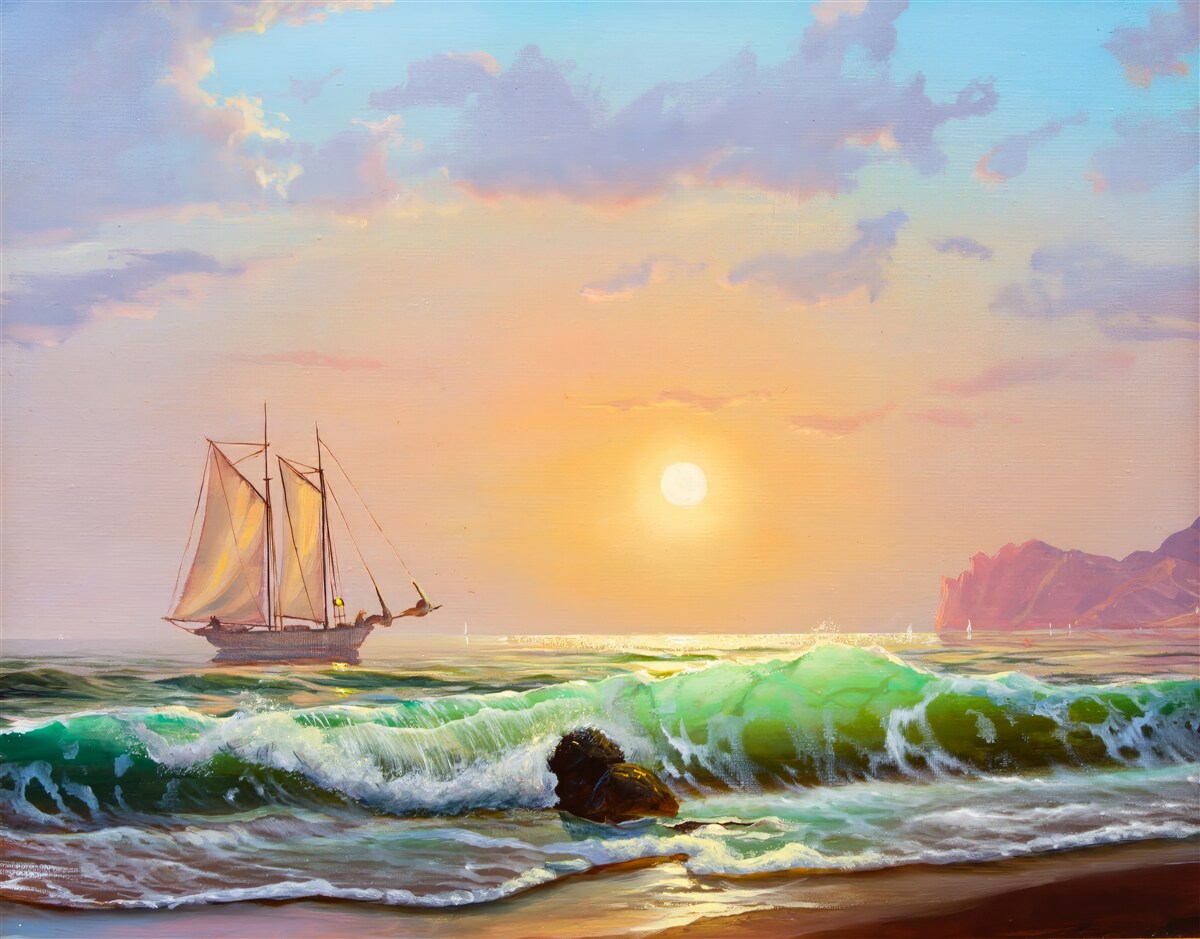 Fototapeten Das Schiff fließt auf dem Hintergrund des Sonnenuntergangs