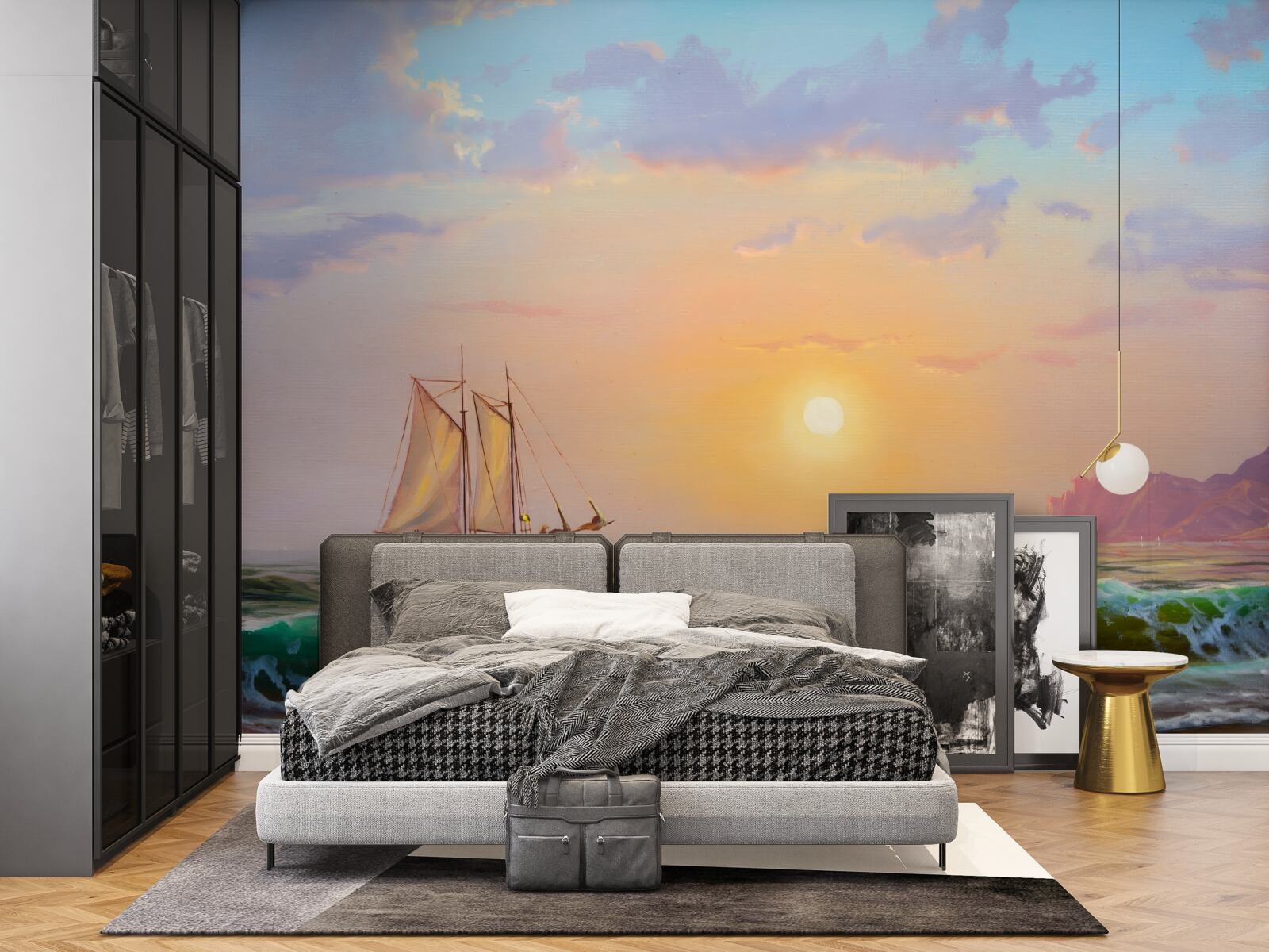 Fototapeten Das Schiff fließt auf dem Hintergrund des Sonnenuntergangs