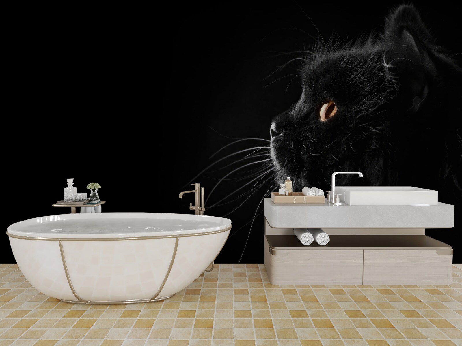 Fototapeten schwarze Katze auf einem dunklen Hintergrund