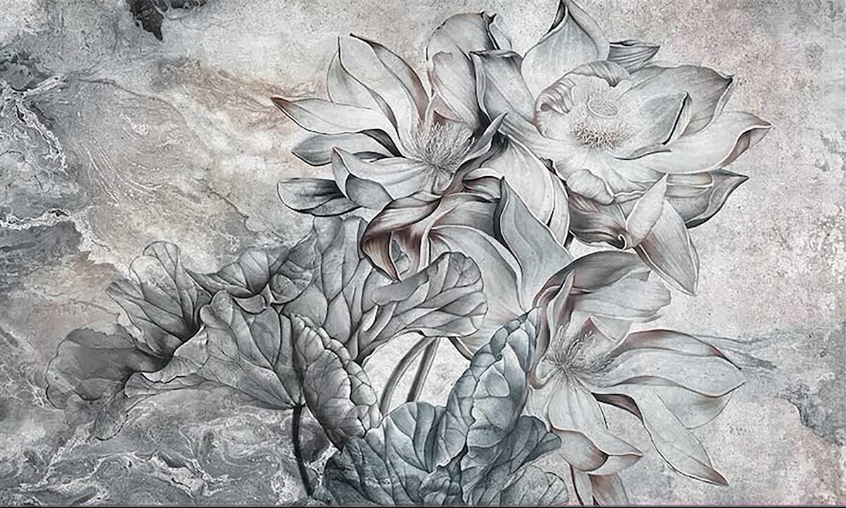Fototapeten Große Blüten mit ungewöhnlicher Form, Hand gezeichnet