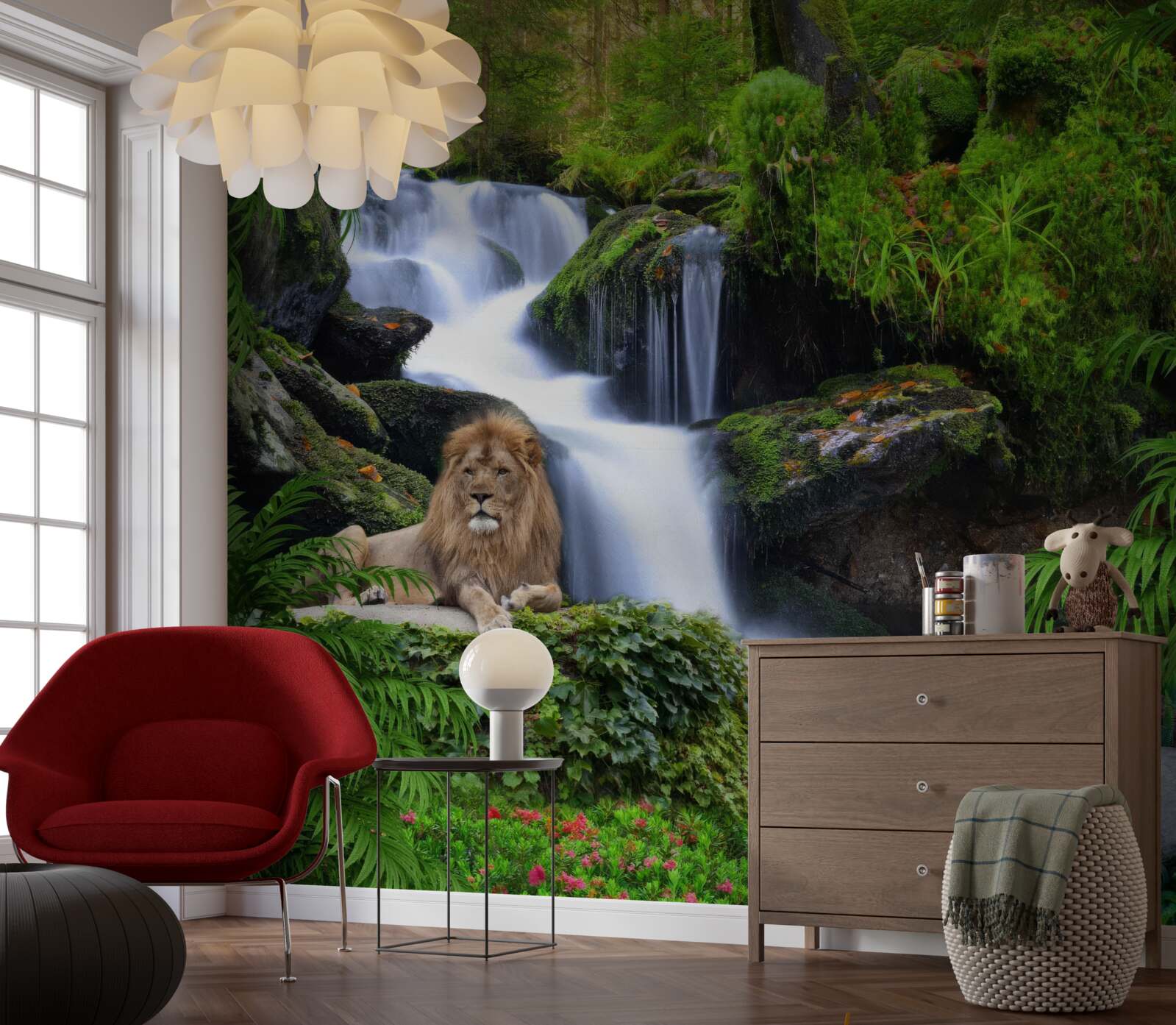 Fototapeten Es gibt einen Löwen am Wasserfall