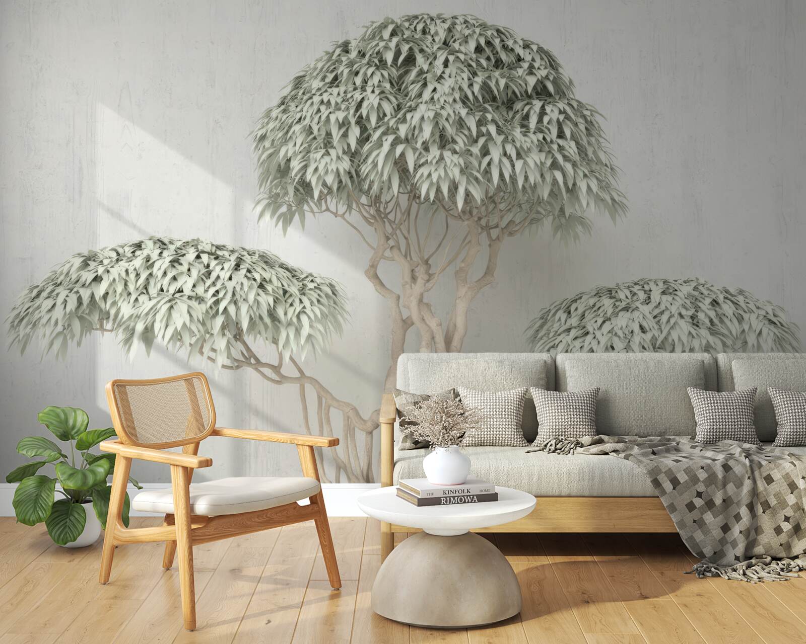 Fototapeten Ein Baum mit Blättern auf grauem Hintergrund