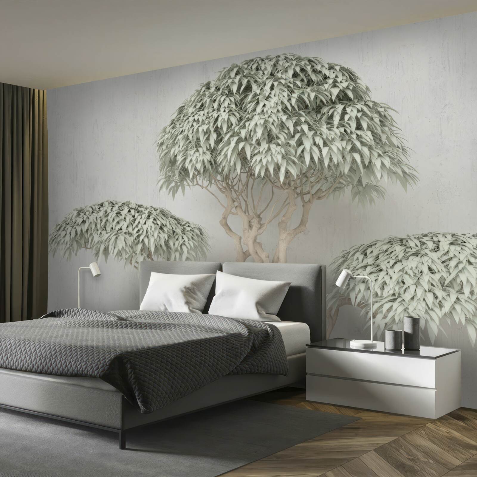 Fototapeten Ein Baum mit Blättern auf grauem Hintergrund