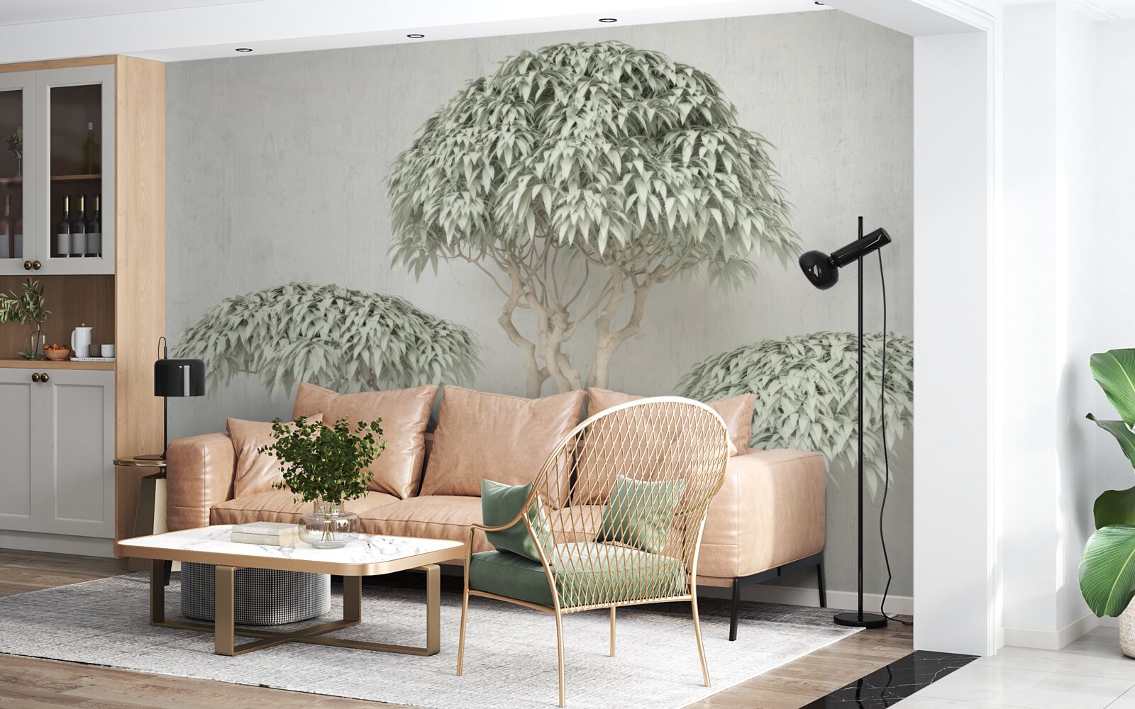 Fototapeten Ein Baum mit Blättern auf grauem Hintergrund