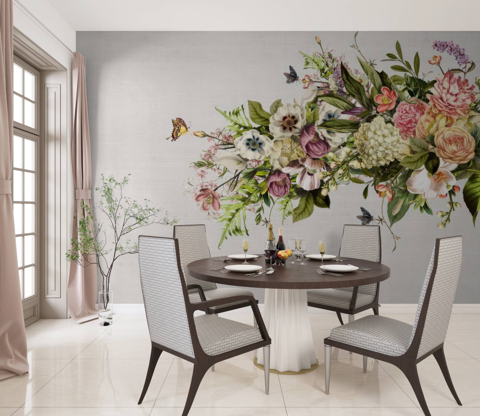 Fototapeten Schmetterlinge fliegen auf schönen Blumen