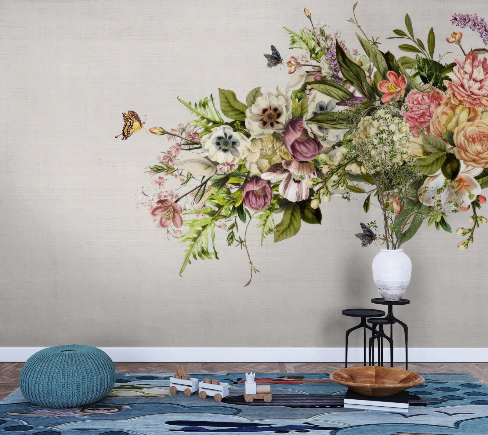 Fototapeten Schmetterlinge fliegen auf schönen Blumen