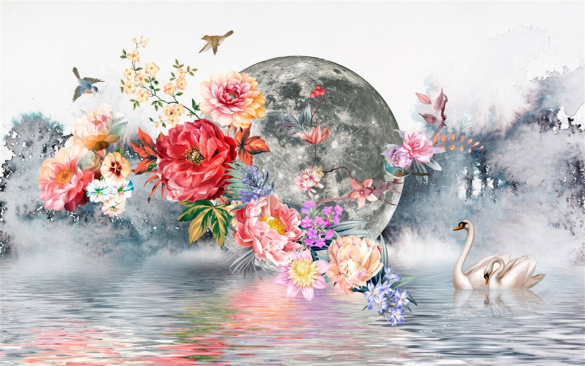 Fototapeten Blumen, Vollmond und Vögel