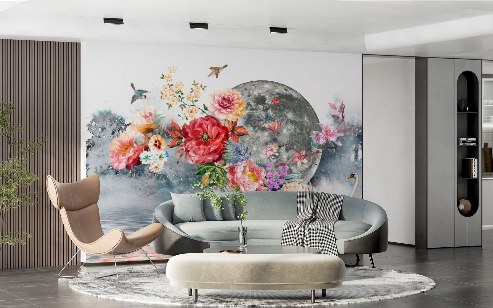 Fototapeten Blumen, Vollmond und Vögel