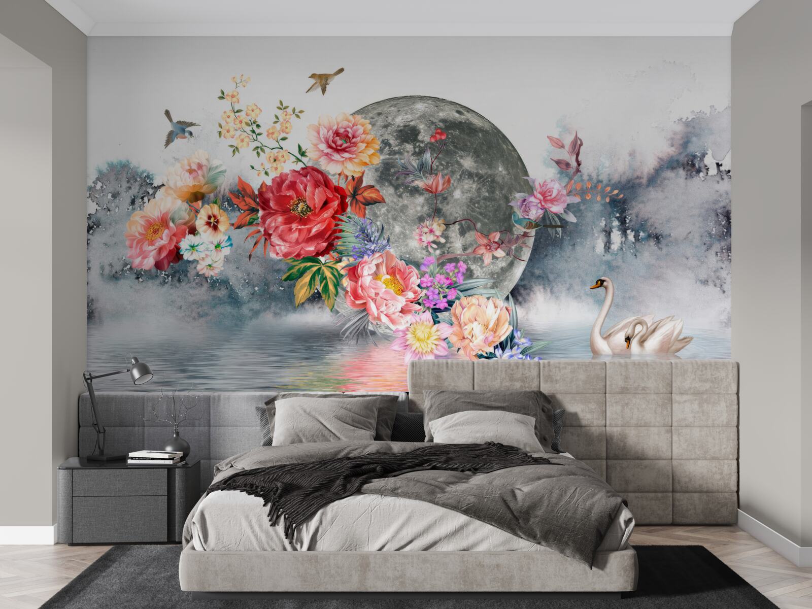 Fototapeten Blumen, Vollmond und Vögel