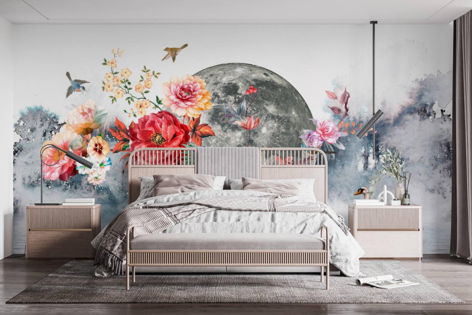 Fototapeten Blumen, Vollmond und Vögel