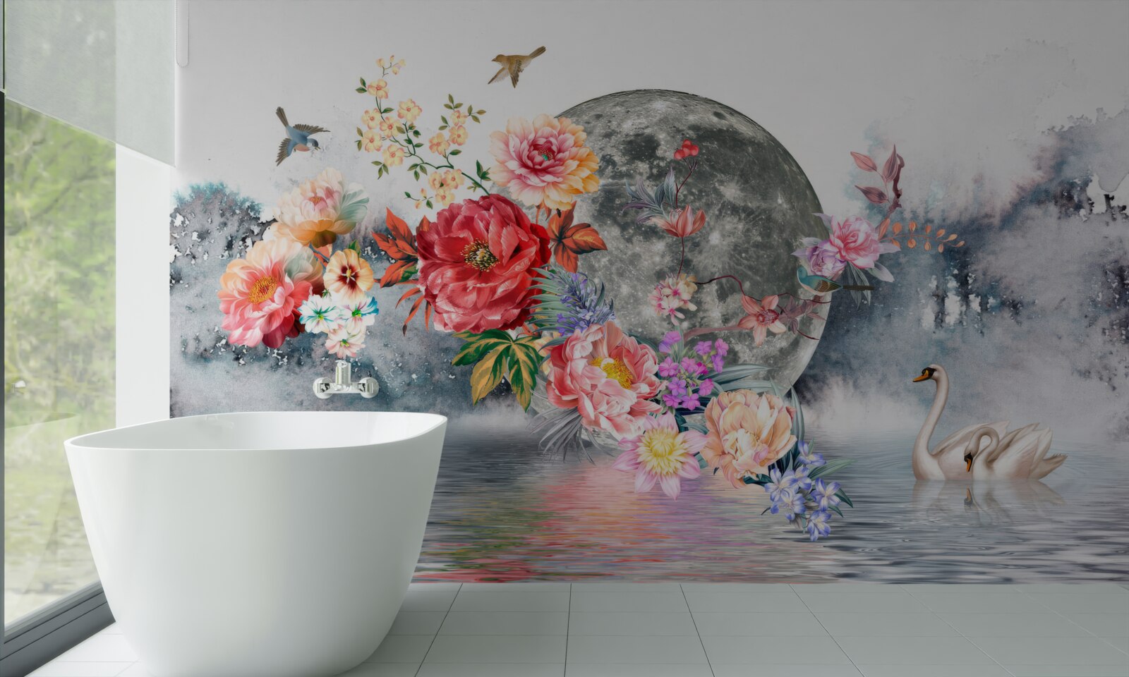 Fototapeten Blumen, Vollmond und Vögel