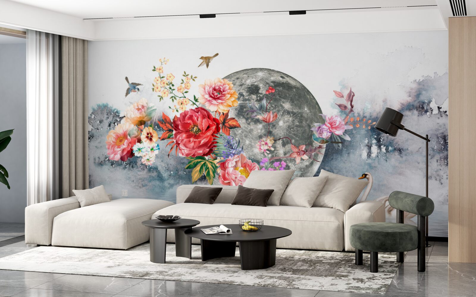 Fototapeten Blumen, Vollmond und Vögel