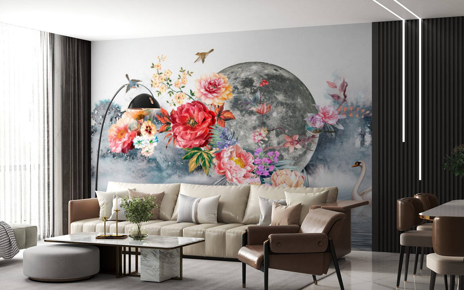 Fototapeten Blumen, Vollmond und Vögel
