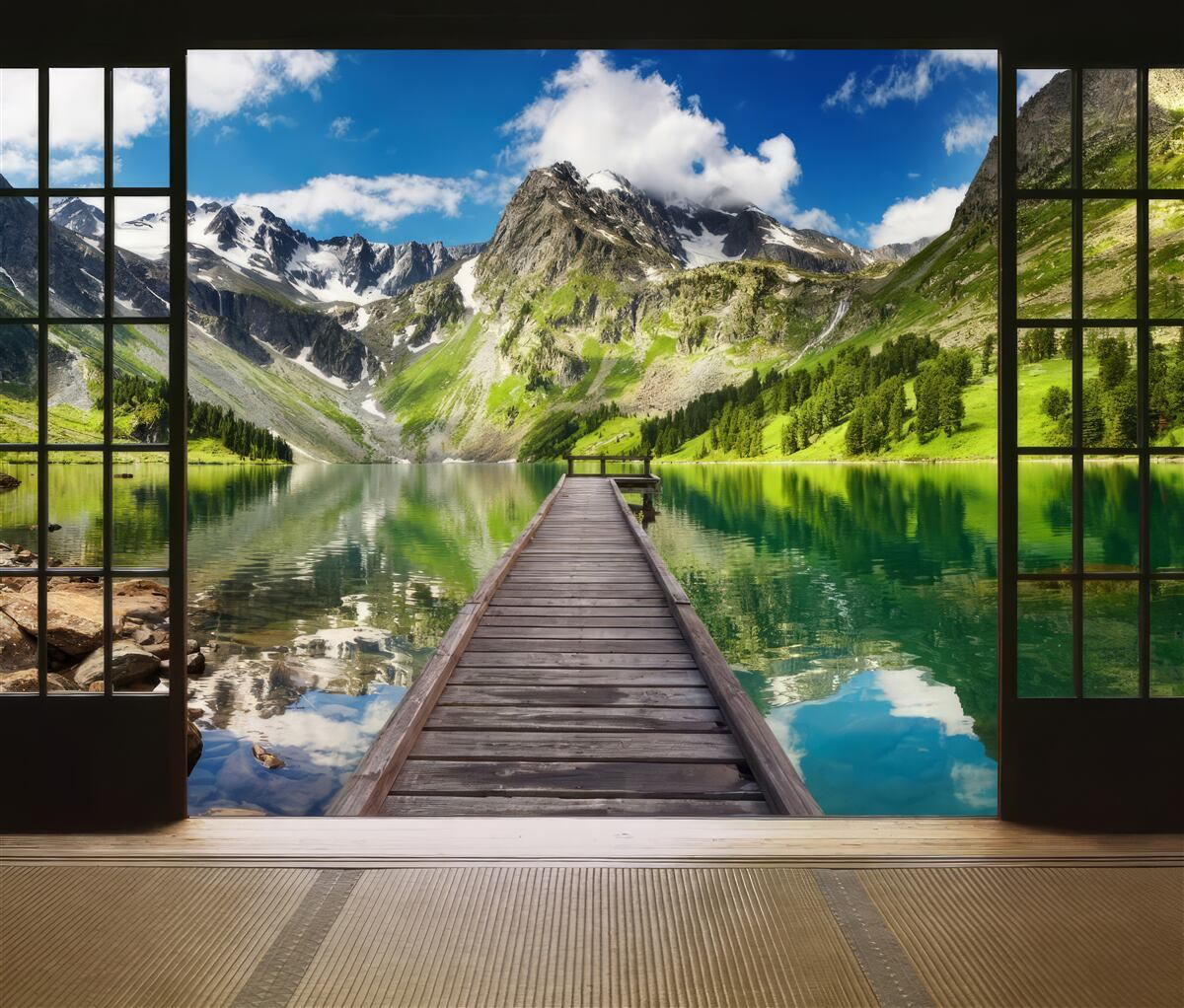 Fototapeten Landschaft der Berge, die sich aus dem Fenster öffnen
