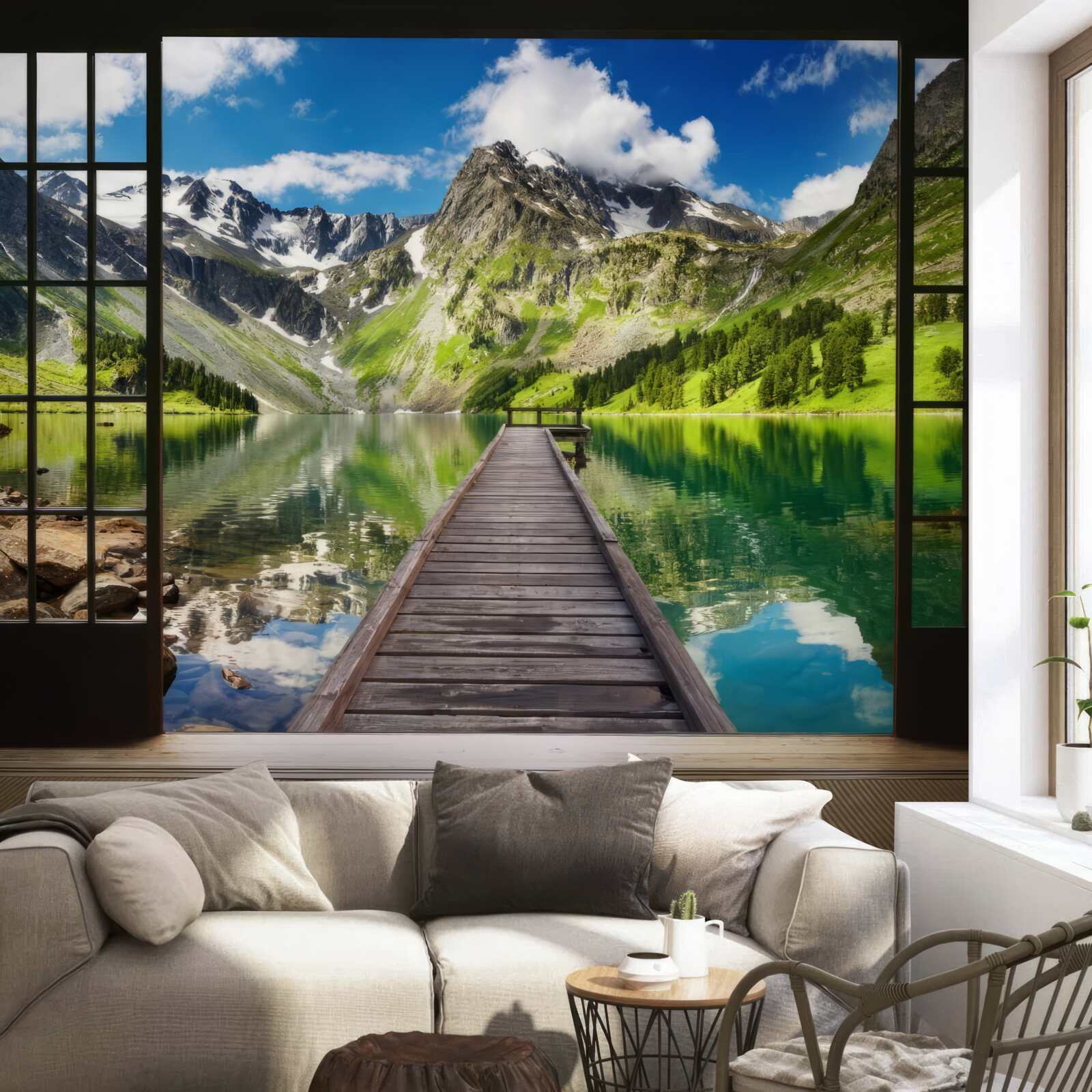 Fototapeten Landschaft der Berge, die sich aus dem Fenster öffnen