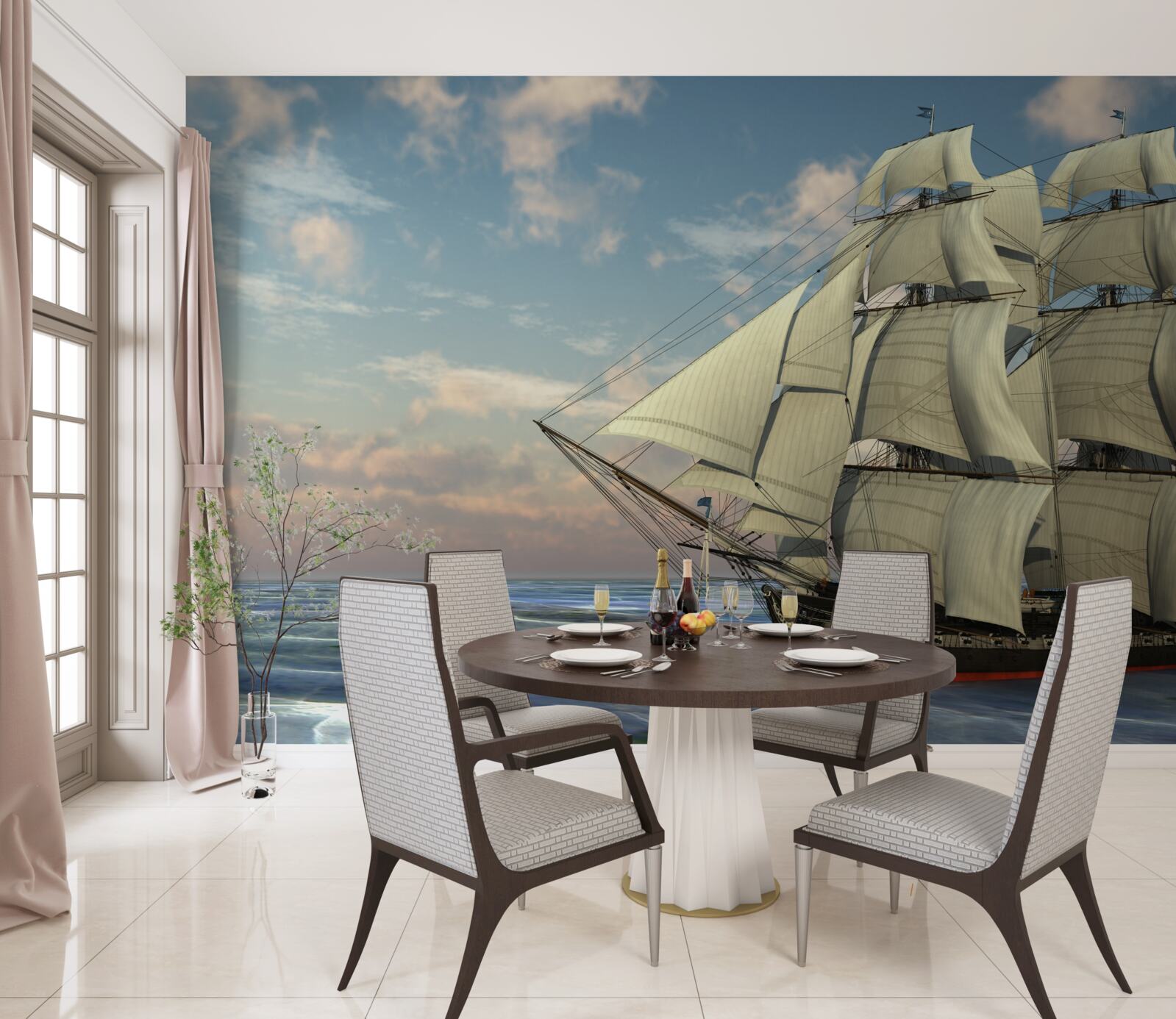 Fototapeten Majestatisches und anmutiges Schiff unter Segeln auf dem Wasser