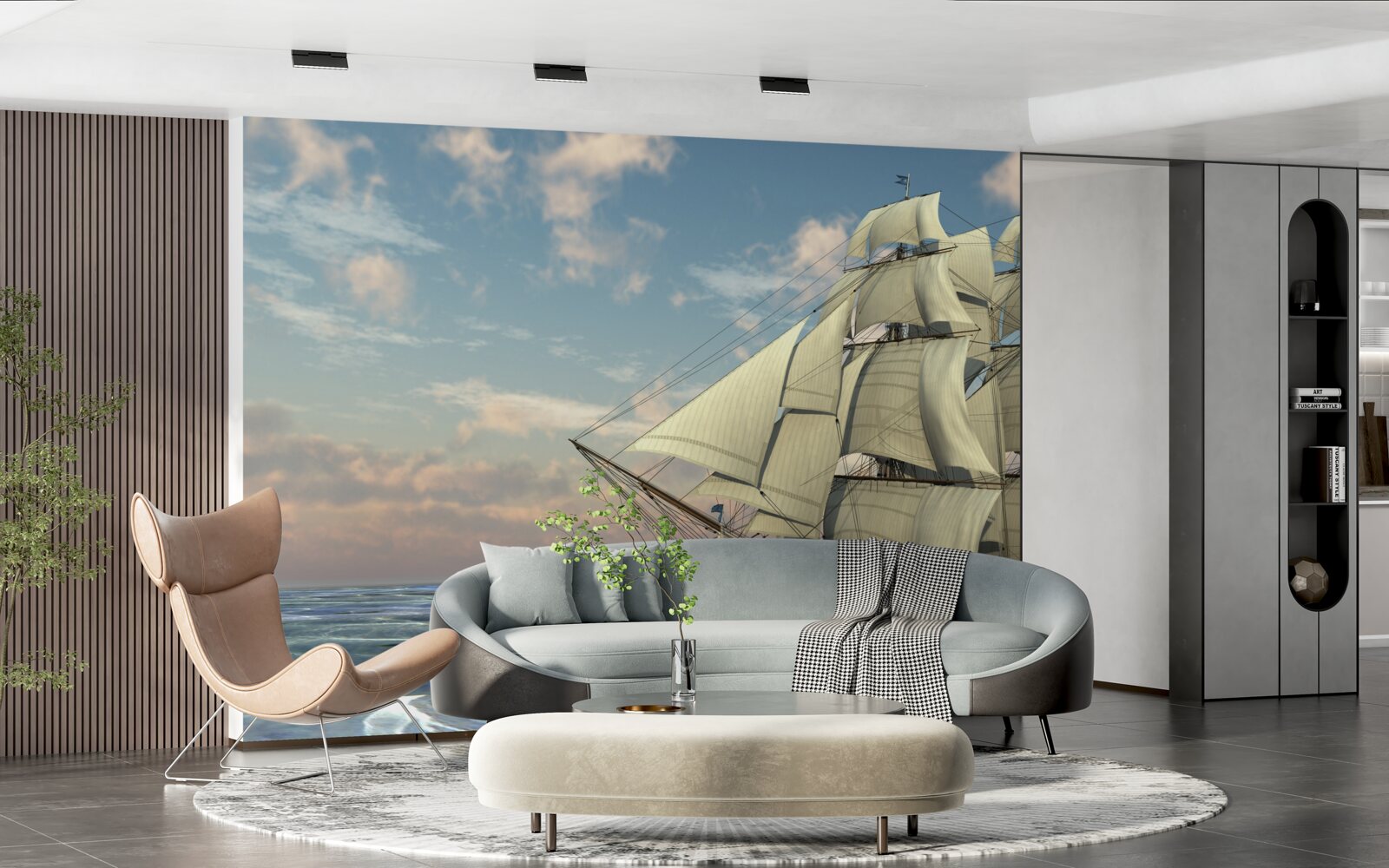 Fototapeten Majestatisches und anmutiges Schiff unter Segeln auf dem Wasser