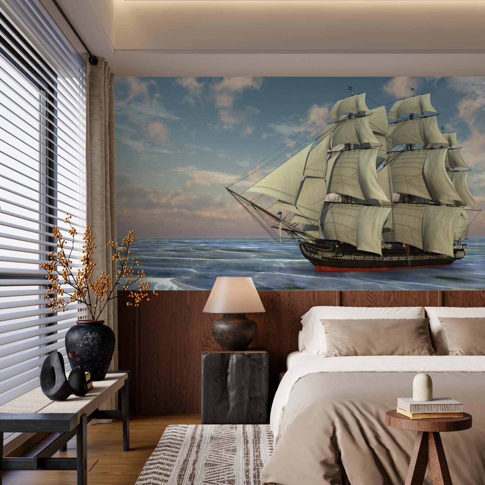 Fototapeten Majestatisches und anmutiges Schiff unter Segeln auf dem Wasser
