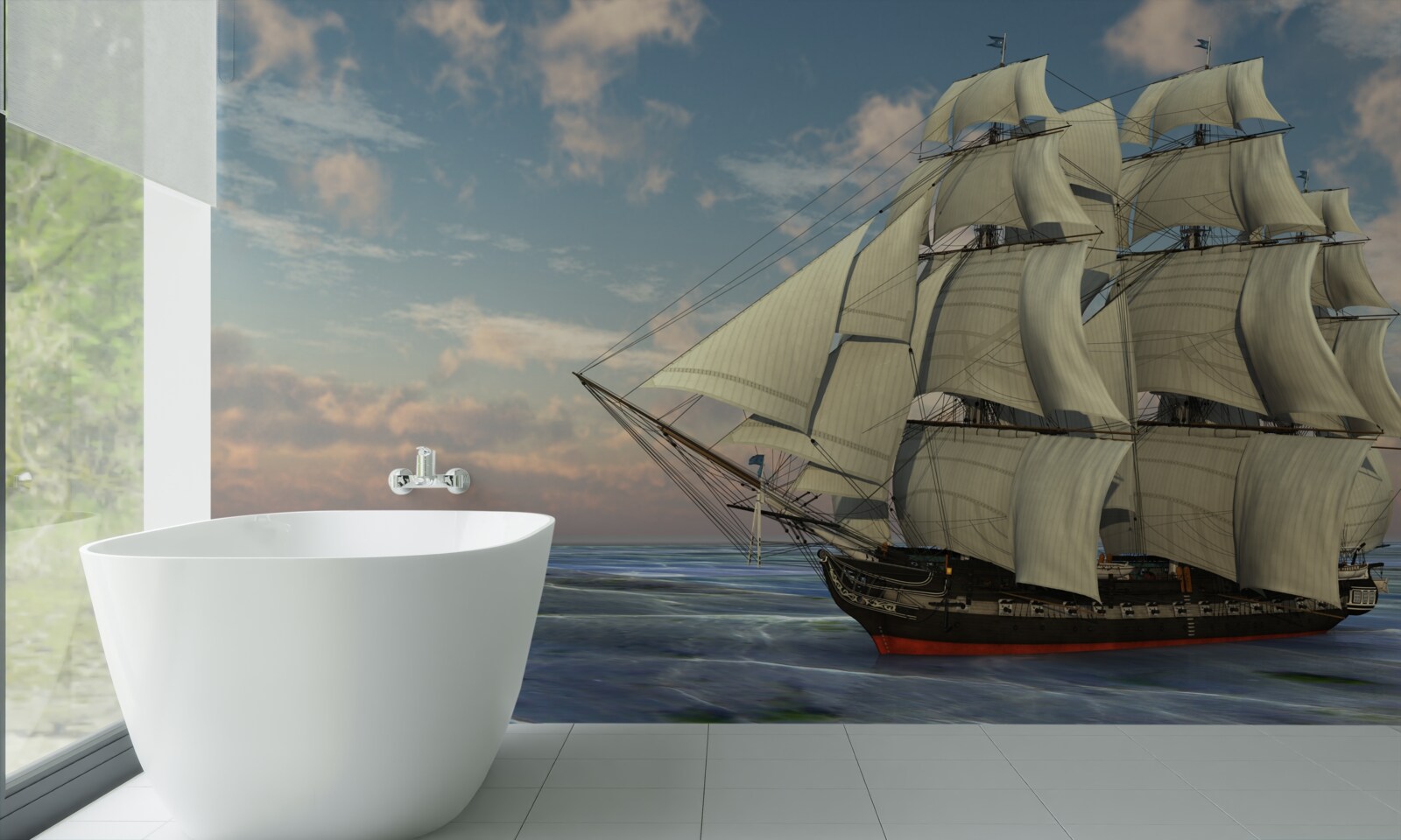 Fototapeten Majestatisches und anmutiges Schiff unter Segeln auf dem Wasser