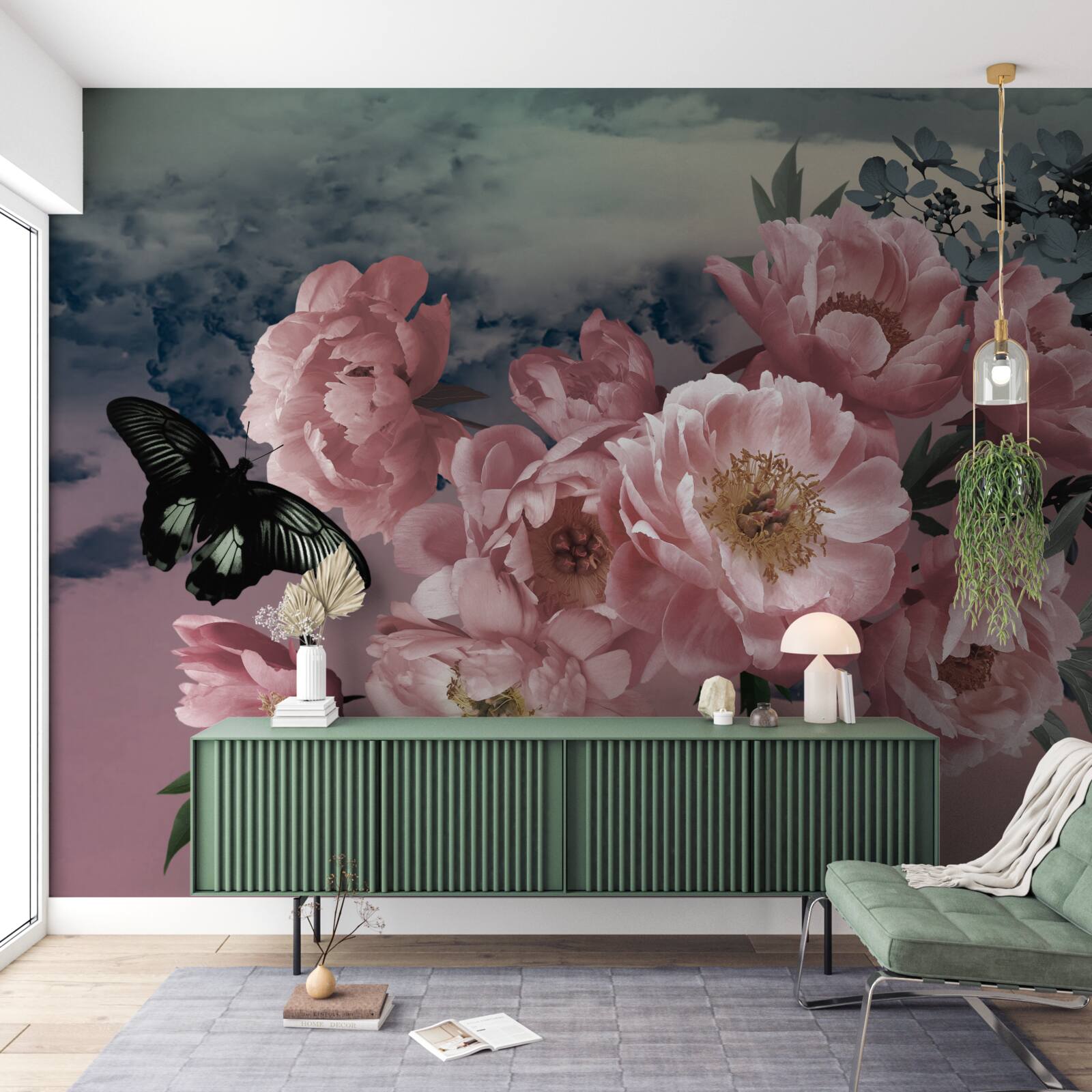 Fototapeten dunkler Schmetterling und rosa Blumen
