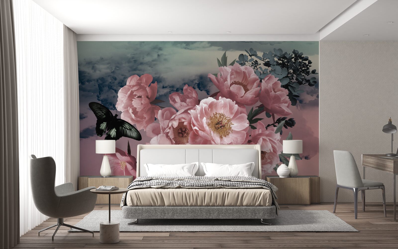 Fototapeten dunkler Schmetterling und rosa Blumen