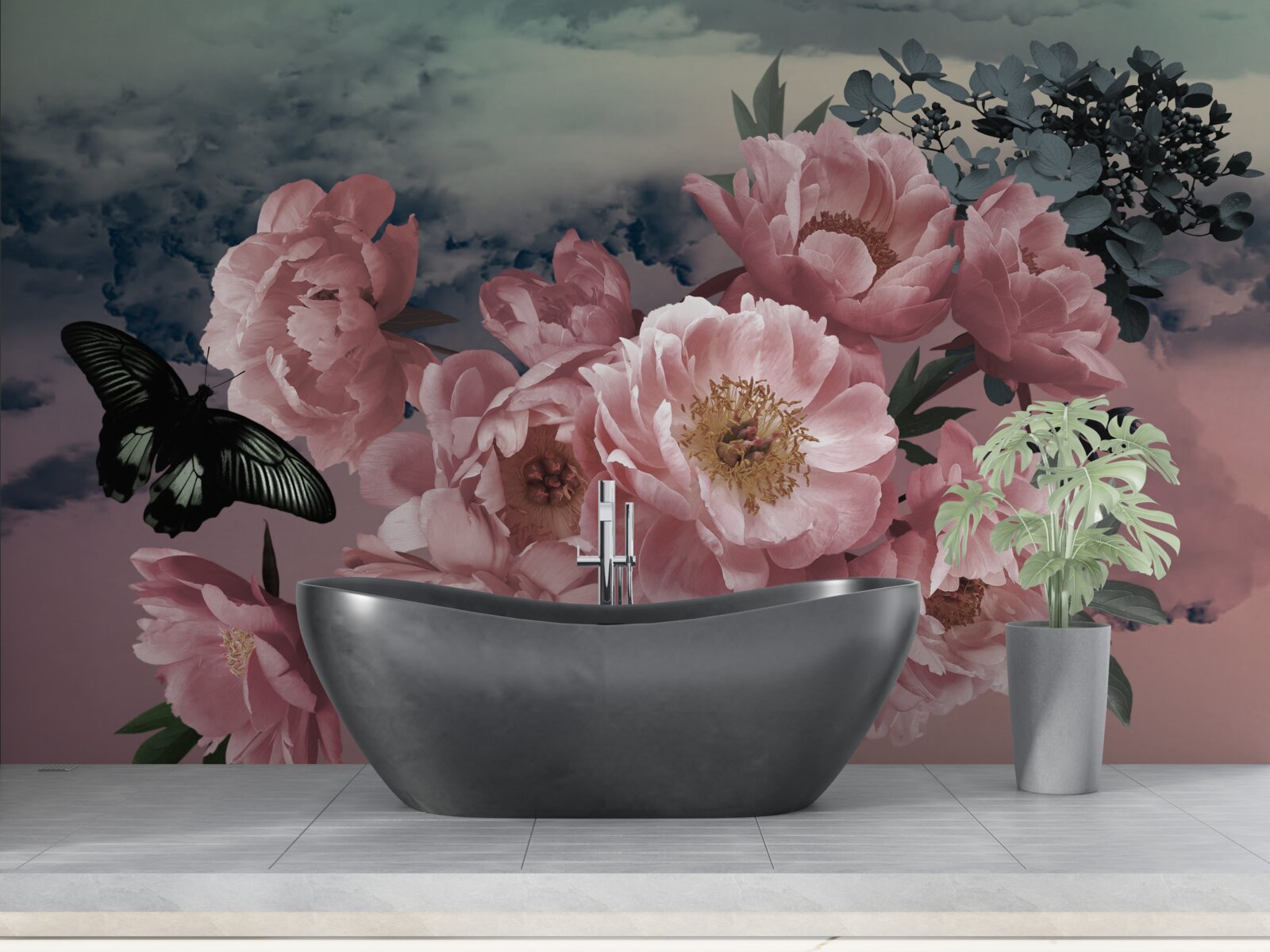 Fototapeten dunkler Schmetterling und rosa Blumen