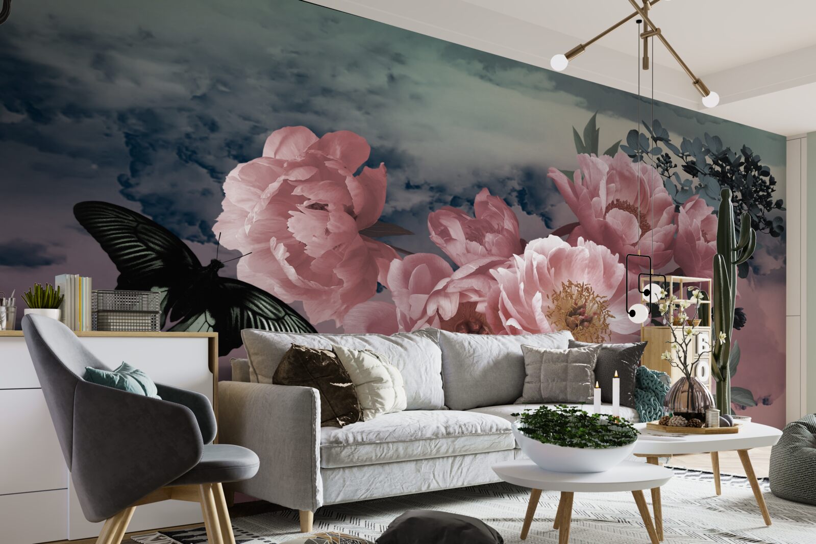 Fototapeten dunkler Schmetterling und rosa Blumen