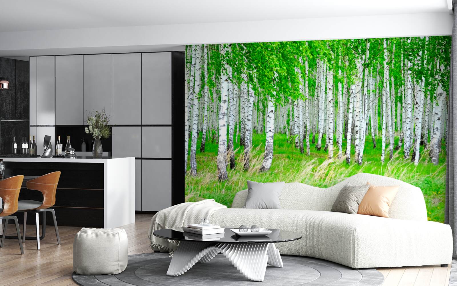 Fototapeten Feld mit Birken im Hintergrund