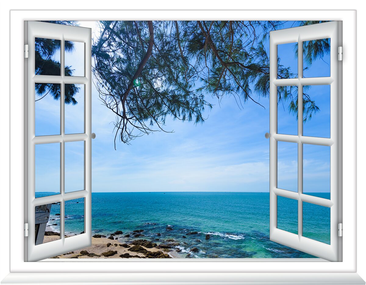 Fototapeten Ein Fenster, aus dem das blaue Meer zu sehen ist
