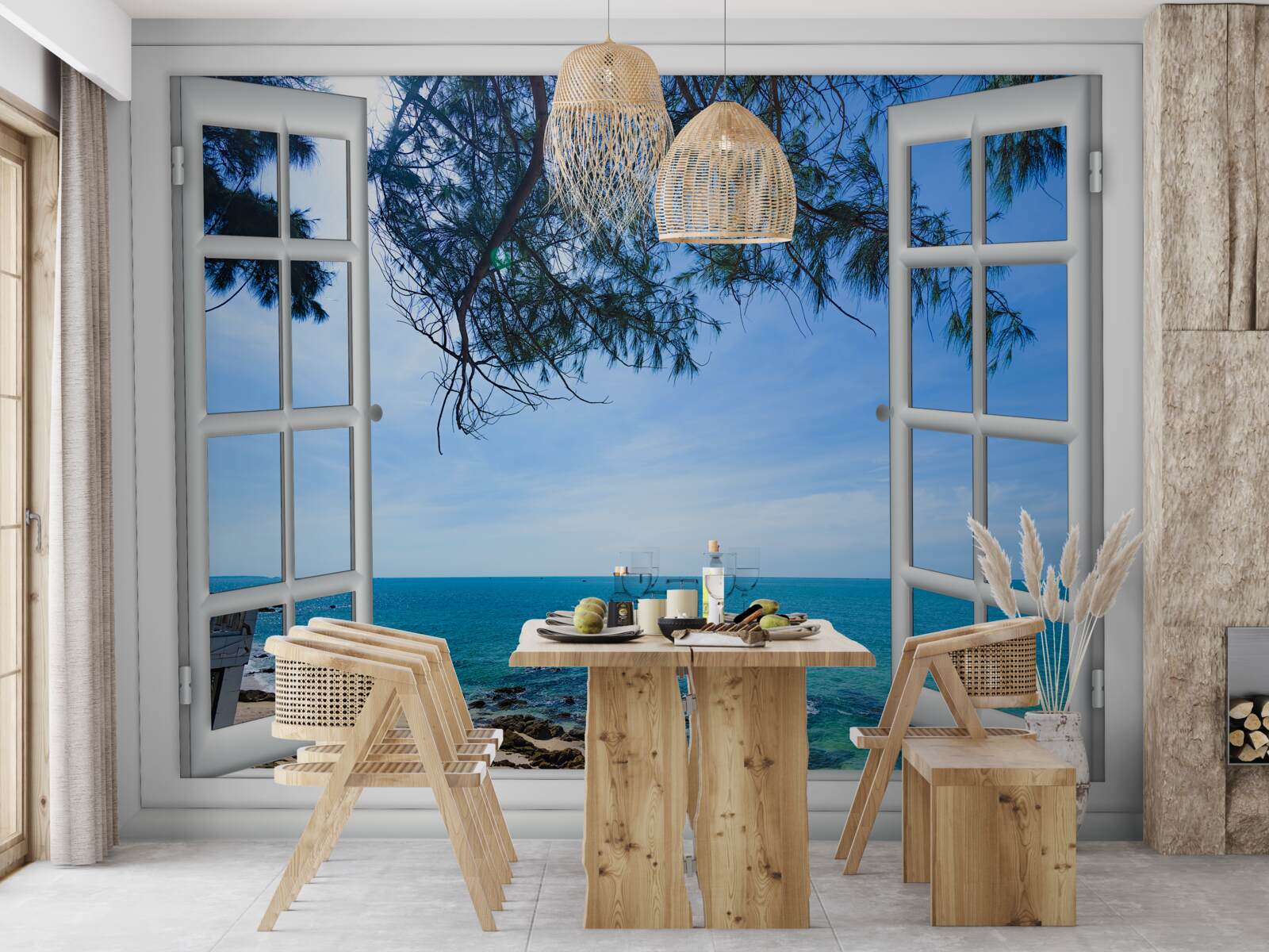 Fototapeten Ein Fenster, aus dem das blaue Meer zu sehen ist