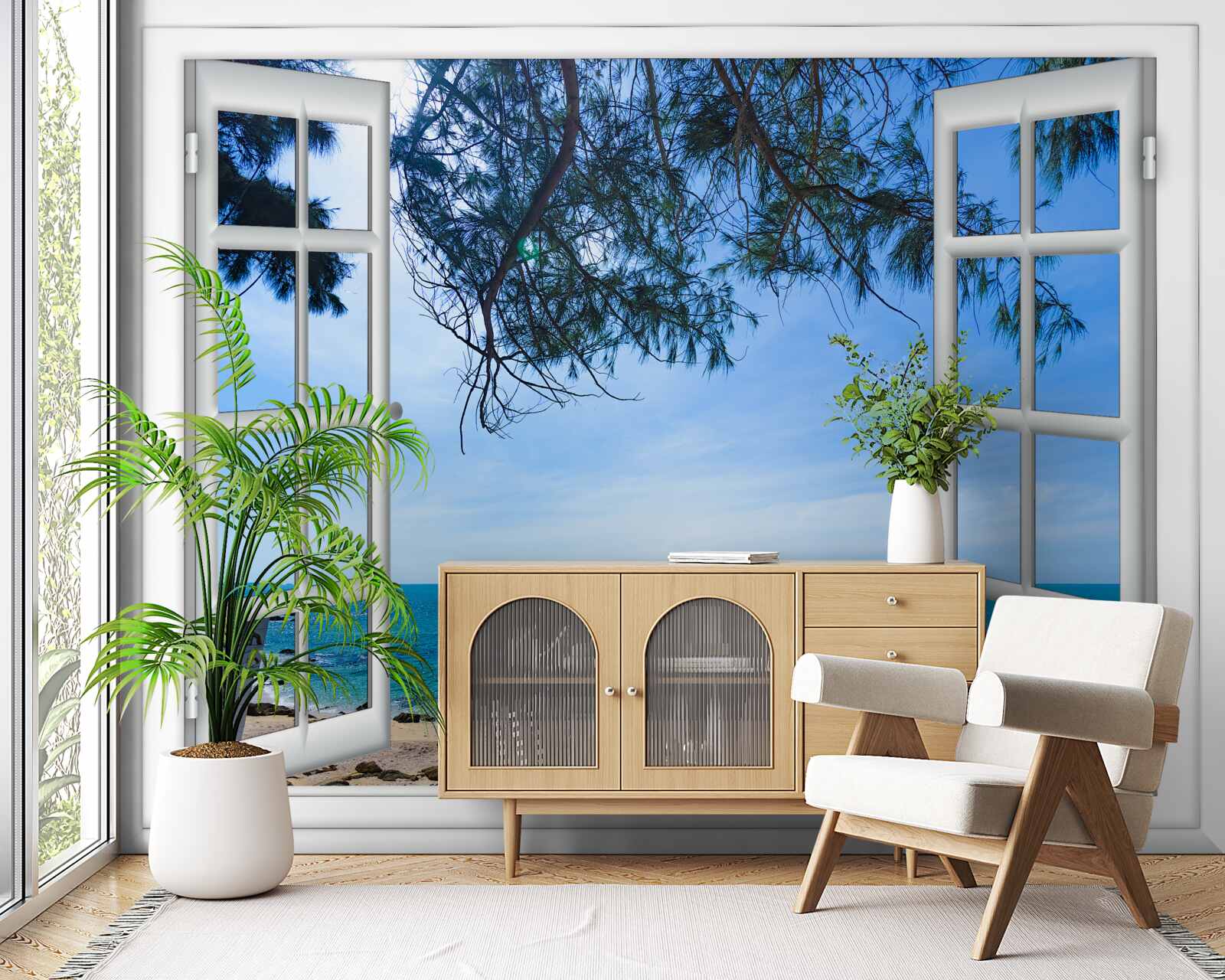 Fototapeten Ein Fenster, aus dem das blaue Meer zu sehen ist