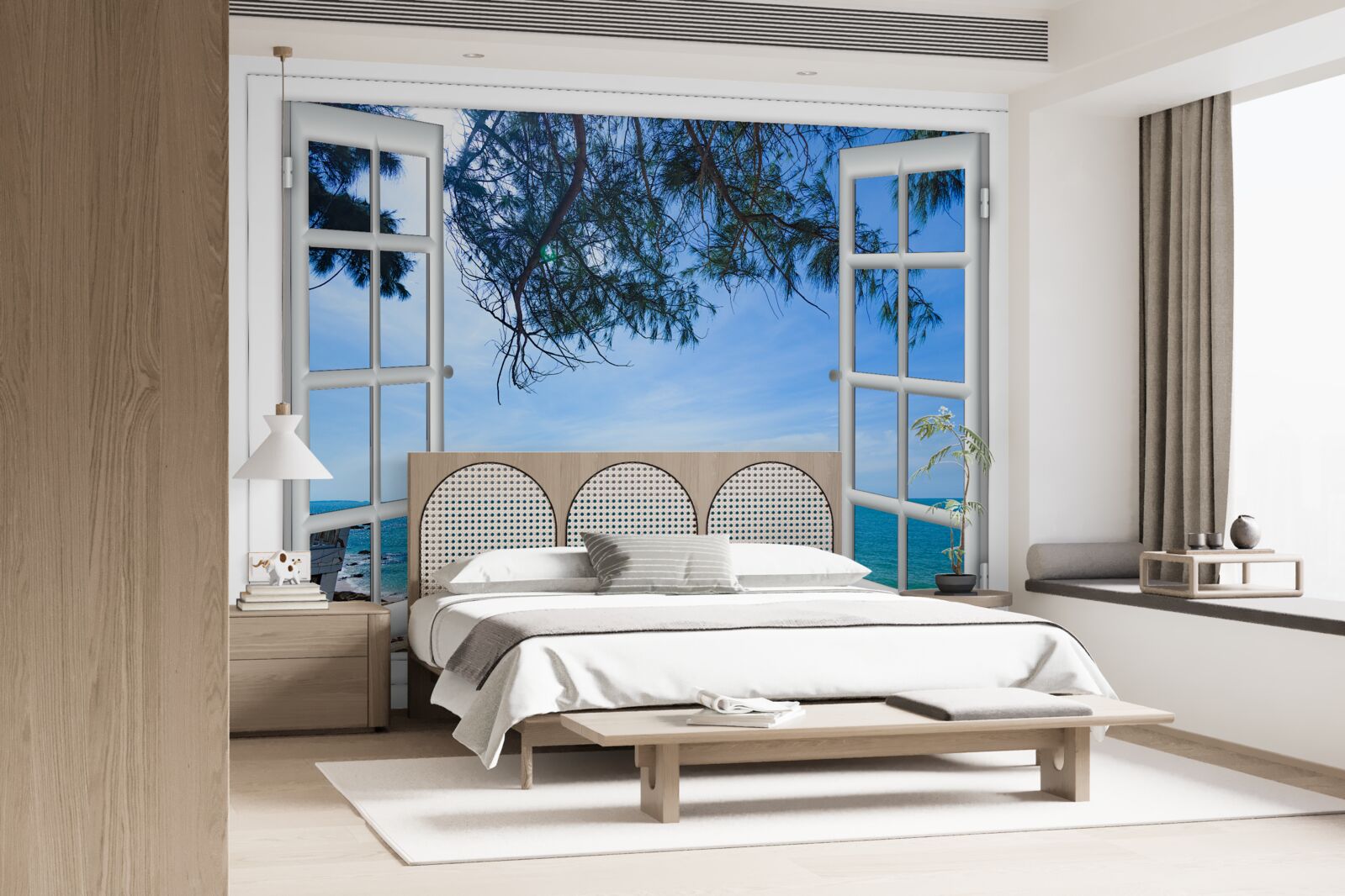 Fototapeten Ein Fenster, aus dem das blaue Meer zu sehen ist