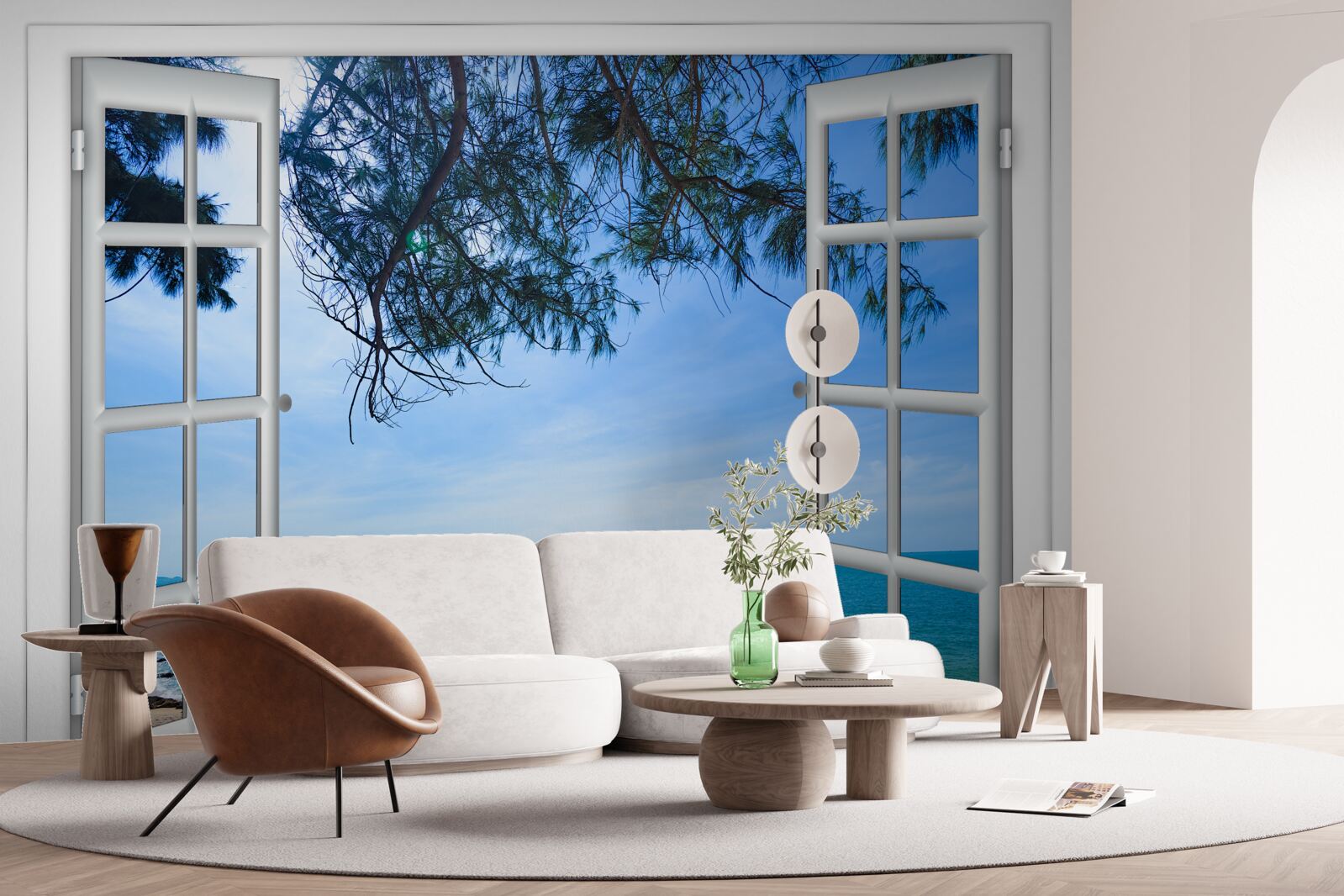 Fototapeten Ein Fenster, aus dem das blaue Meer zu sehen ist