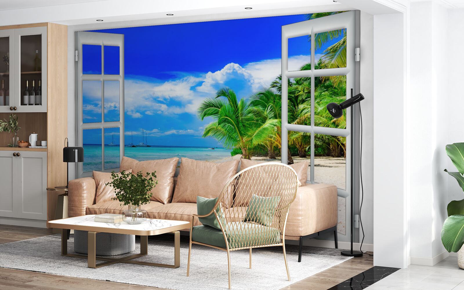 Fototapeten Fenster mit Blick auf das sandige Ufer