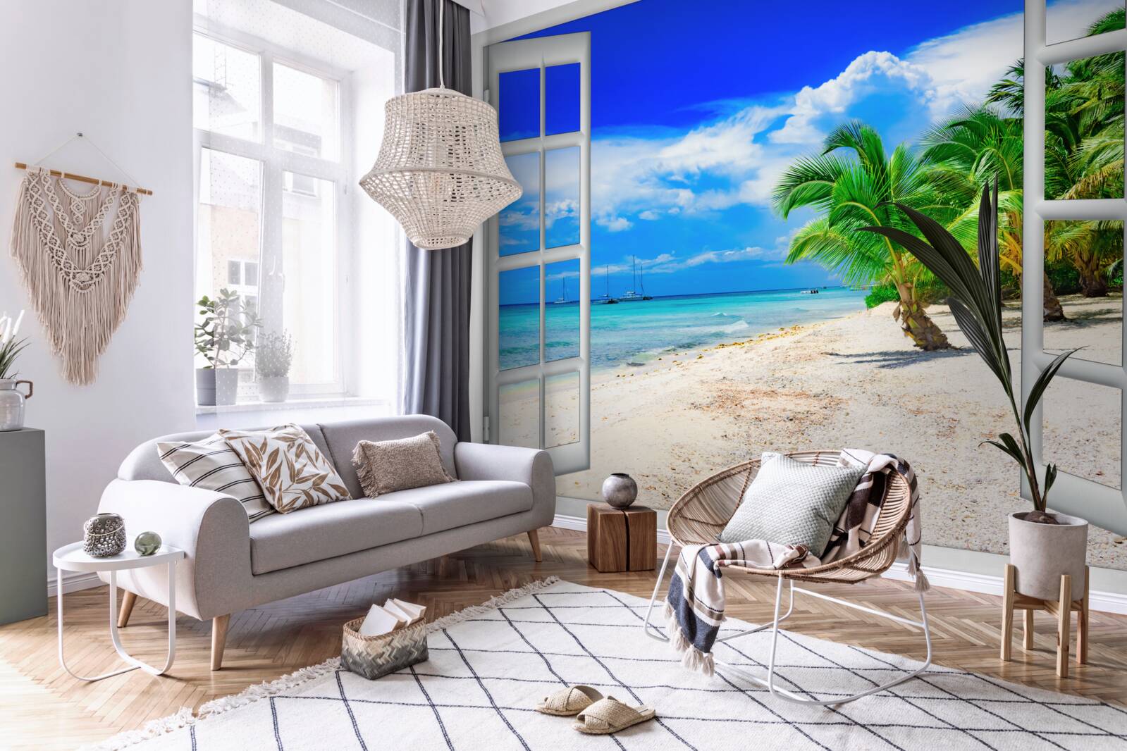 Fototapeten Fenster mit Blick auf das sandige Ufer