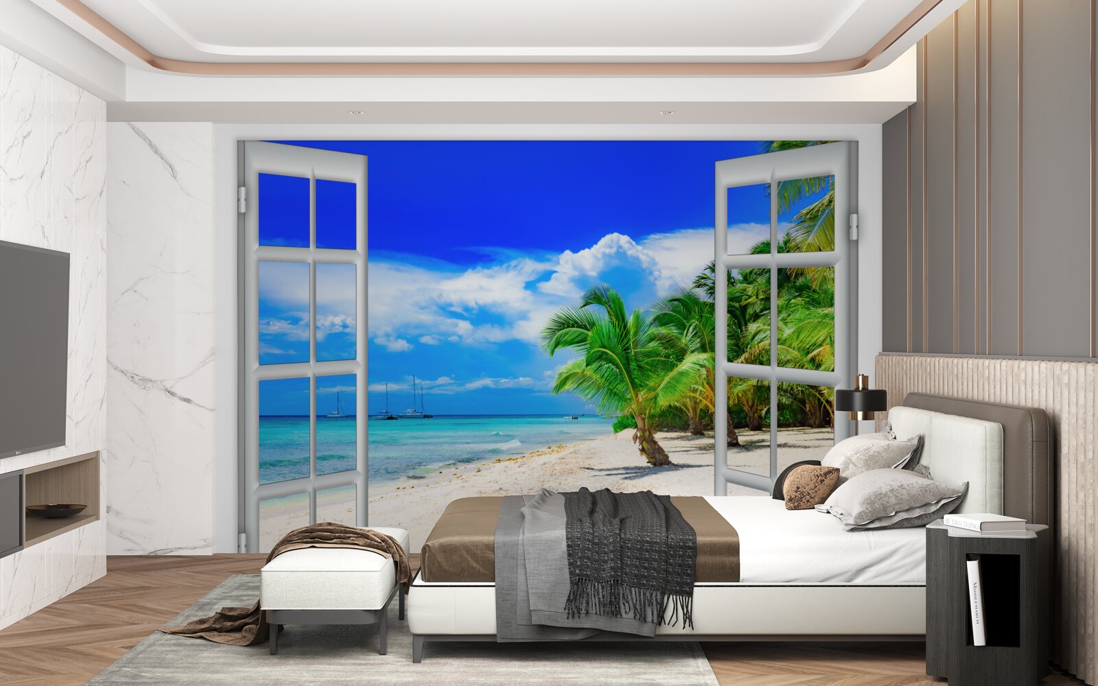 Fototapeten Fenster mit Blick auf das sandige Ufer