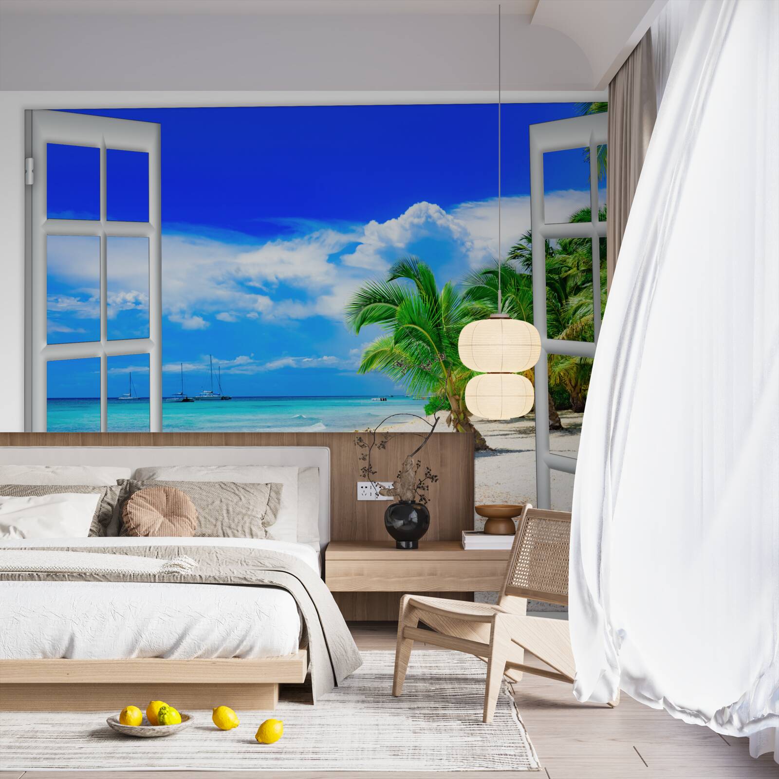 Fototapeten Fenster mit Blick auf das sandige Ufer