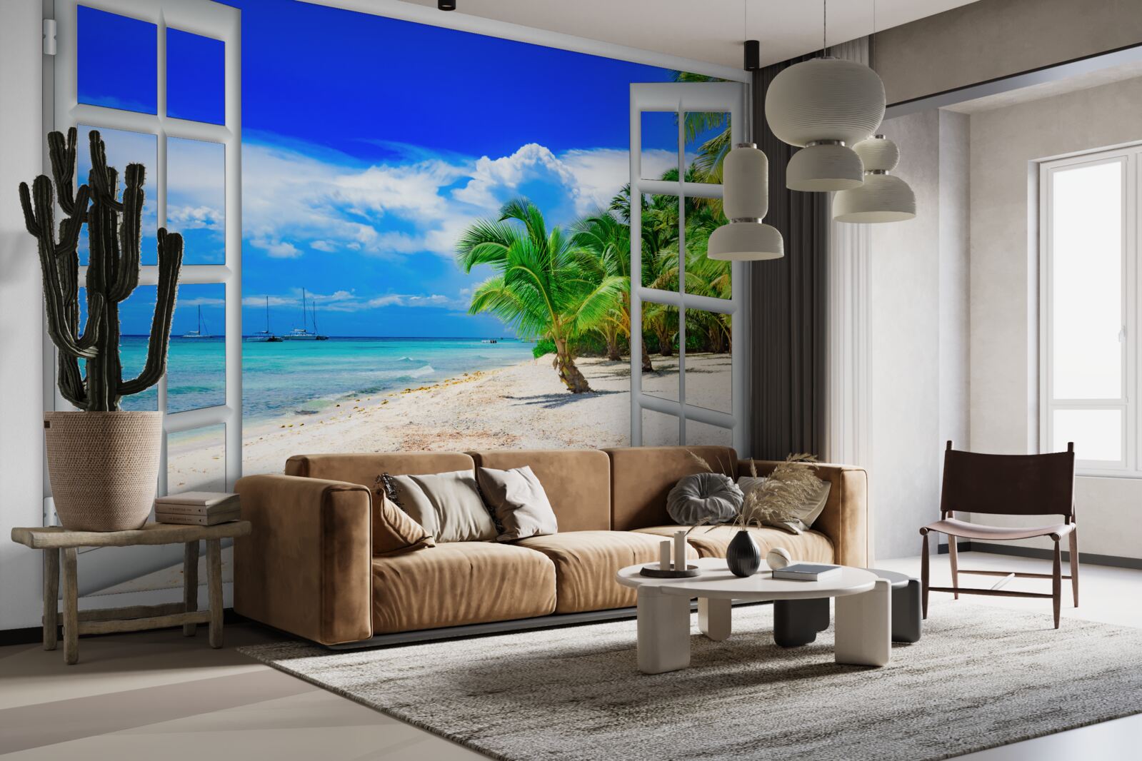 Fototapeten Fenster mit Blick auf das sandige Ufer