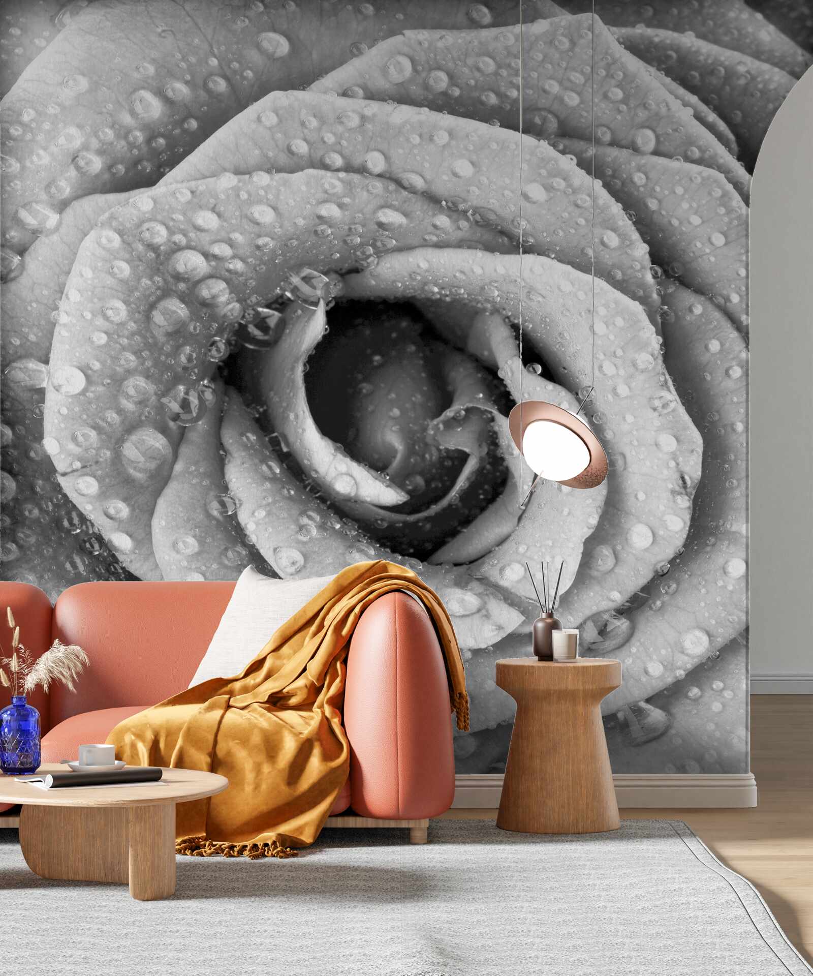 Fototapeten Rose in Schwarz und Weiß mit Tropfen