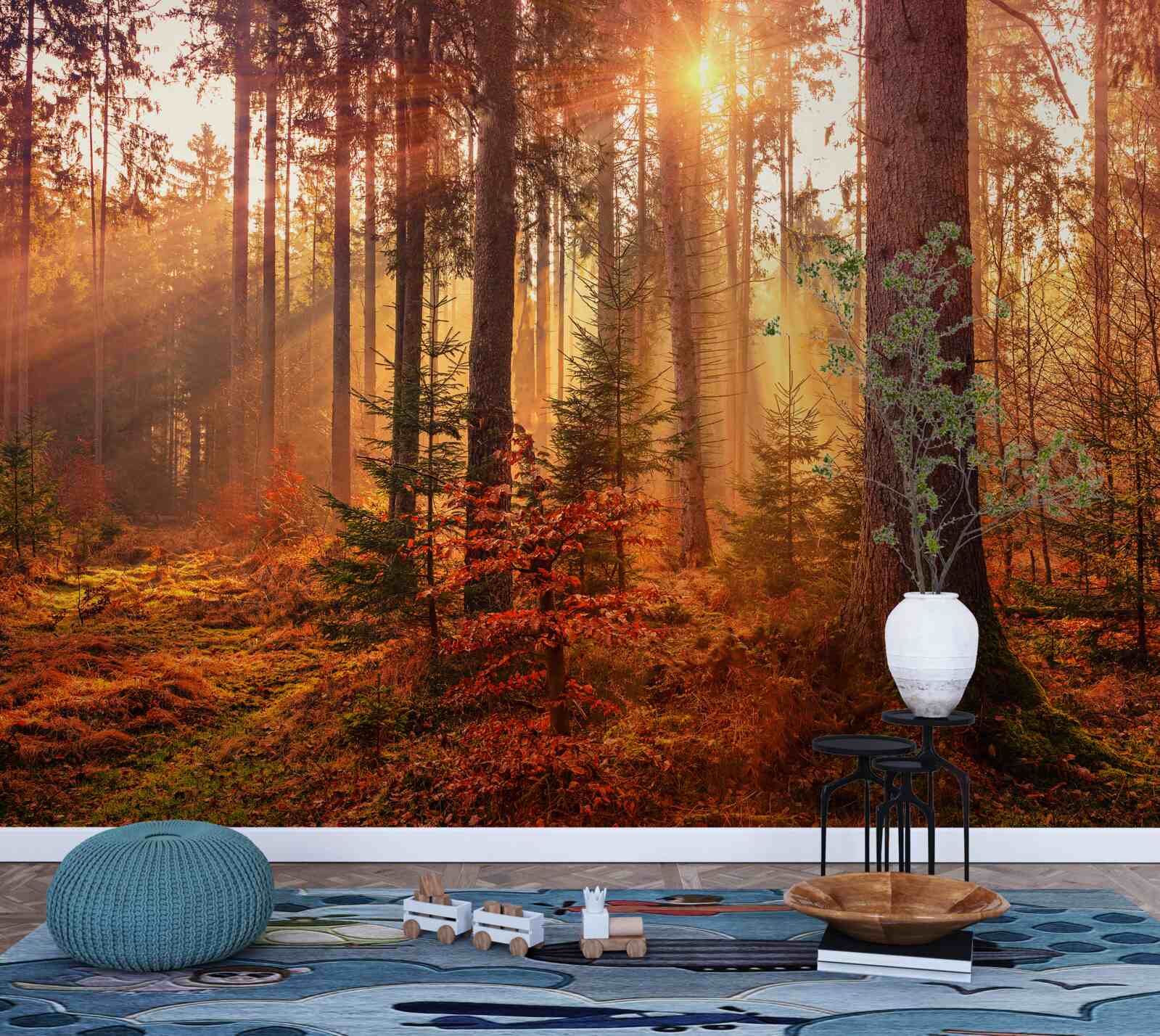 Fototapeten Im Herbst wird der Wald von den Sonnenstrahlen beleuchtet
