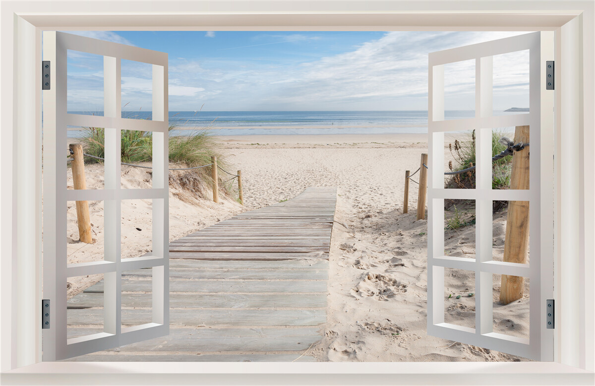 Fototapeten Öffnen Sie das Fenster mit Blick auf den Strand und den Ozean