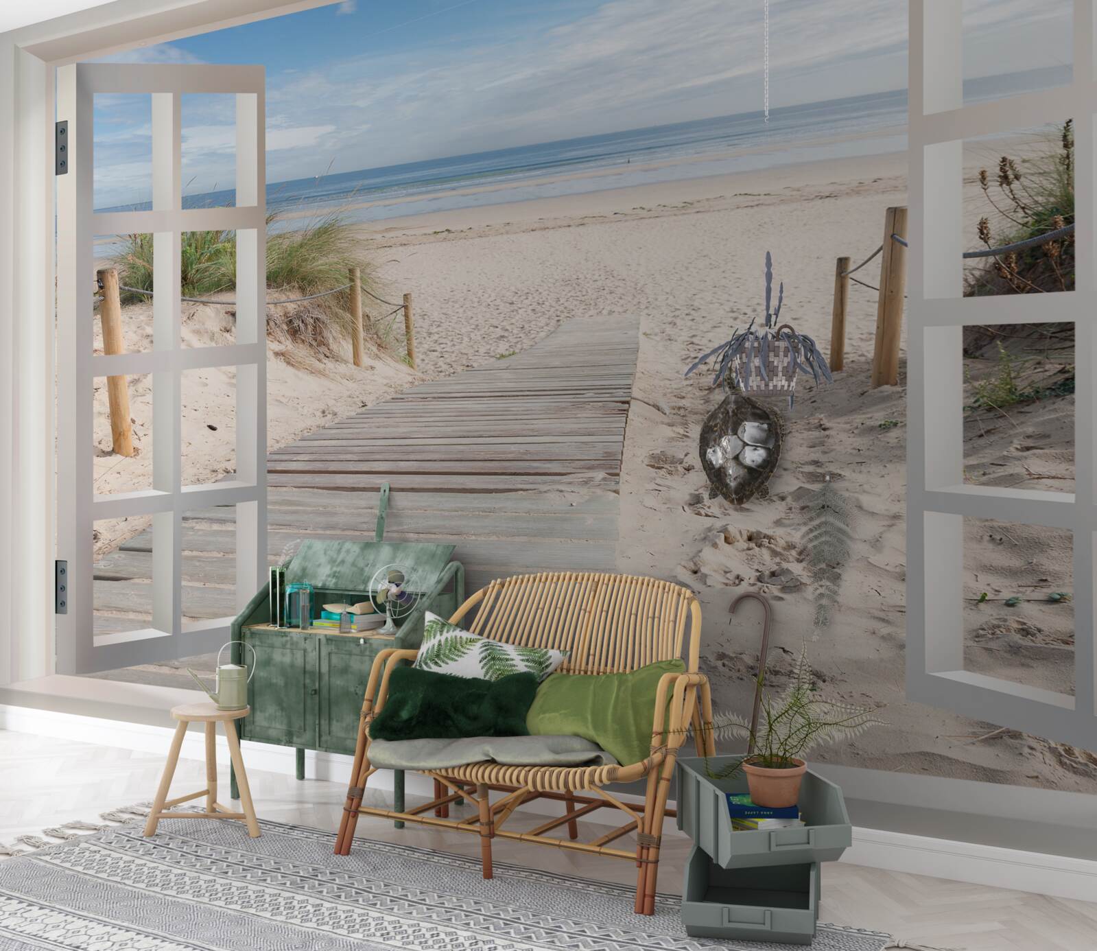 Fototapeten Öffnen Sie das Fenster mit Blick auf den Strand und den Ozean