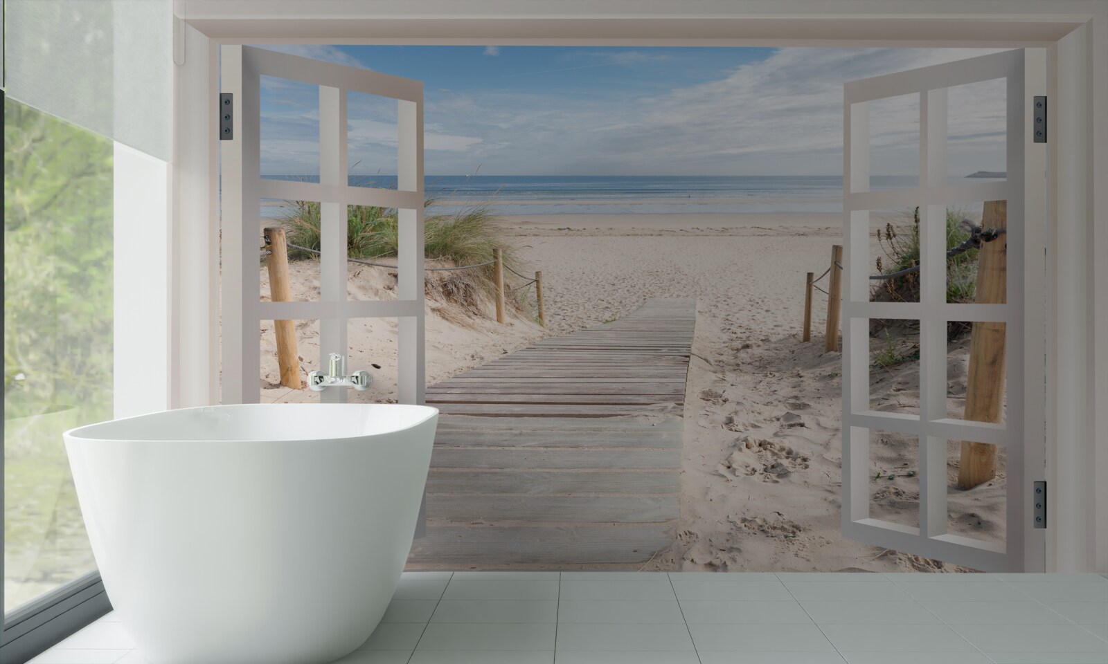 Fototapeten Öffnen Sie das Fenster mit Blick auf den Strand und den Ozean