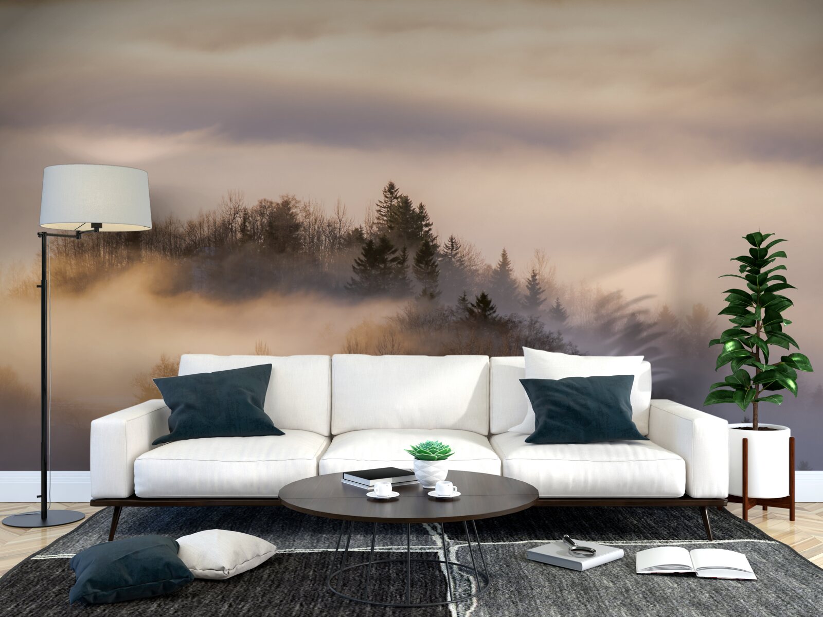 Fototapeten Dicker Nebel unter Bäumen