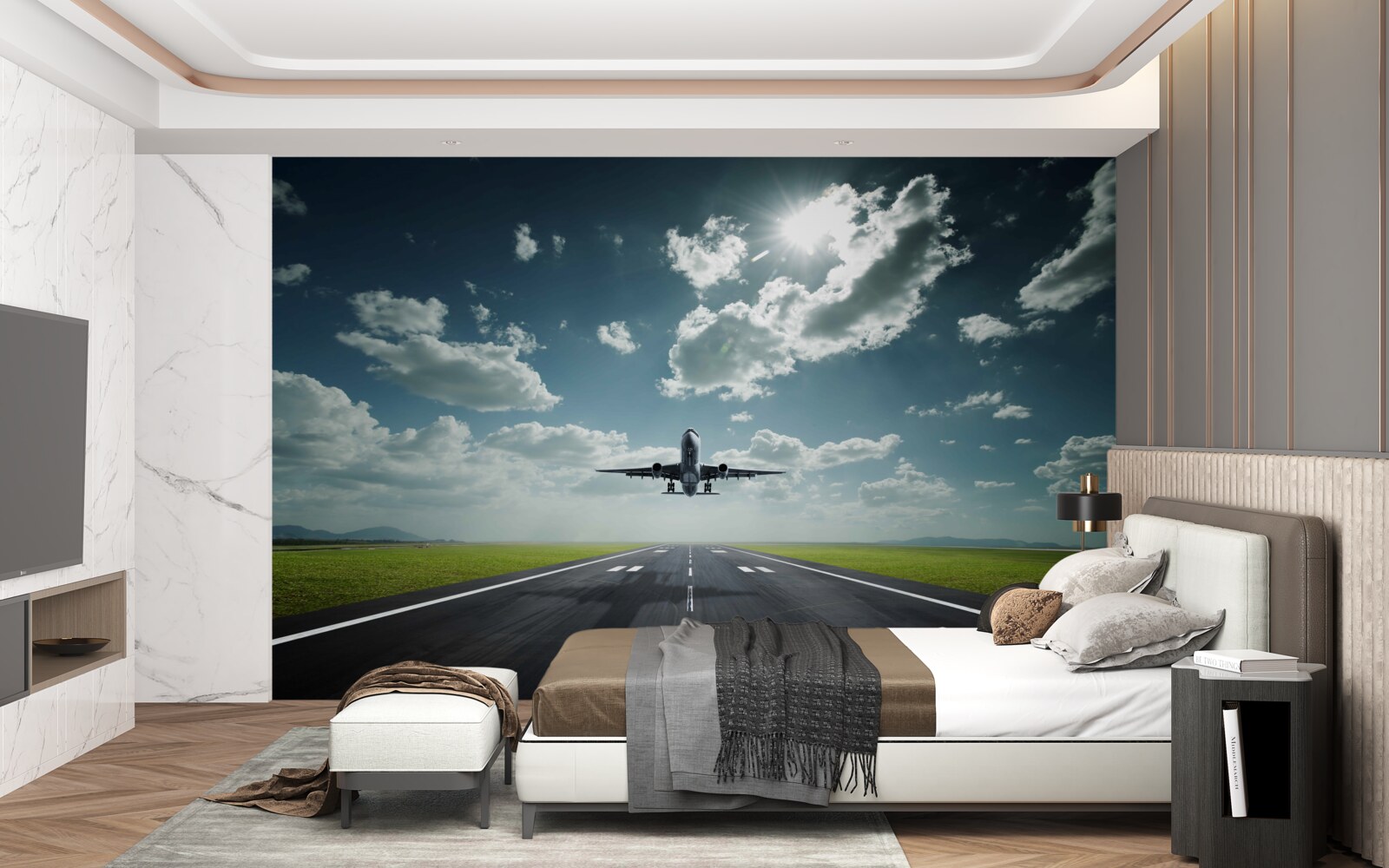 Fototapeten Das Flugzeug beginnt von der Landebahn