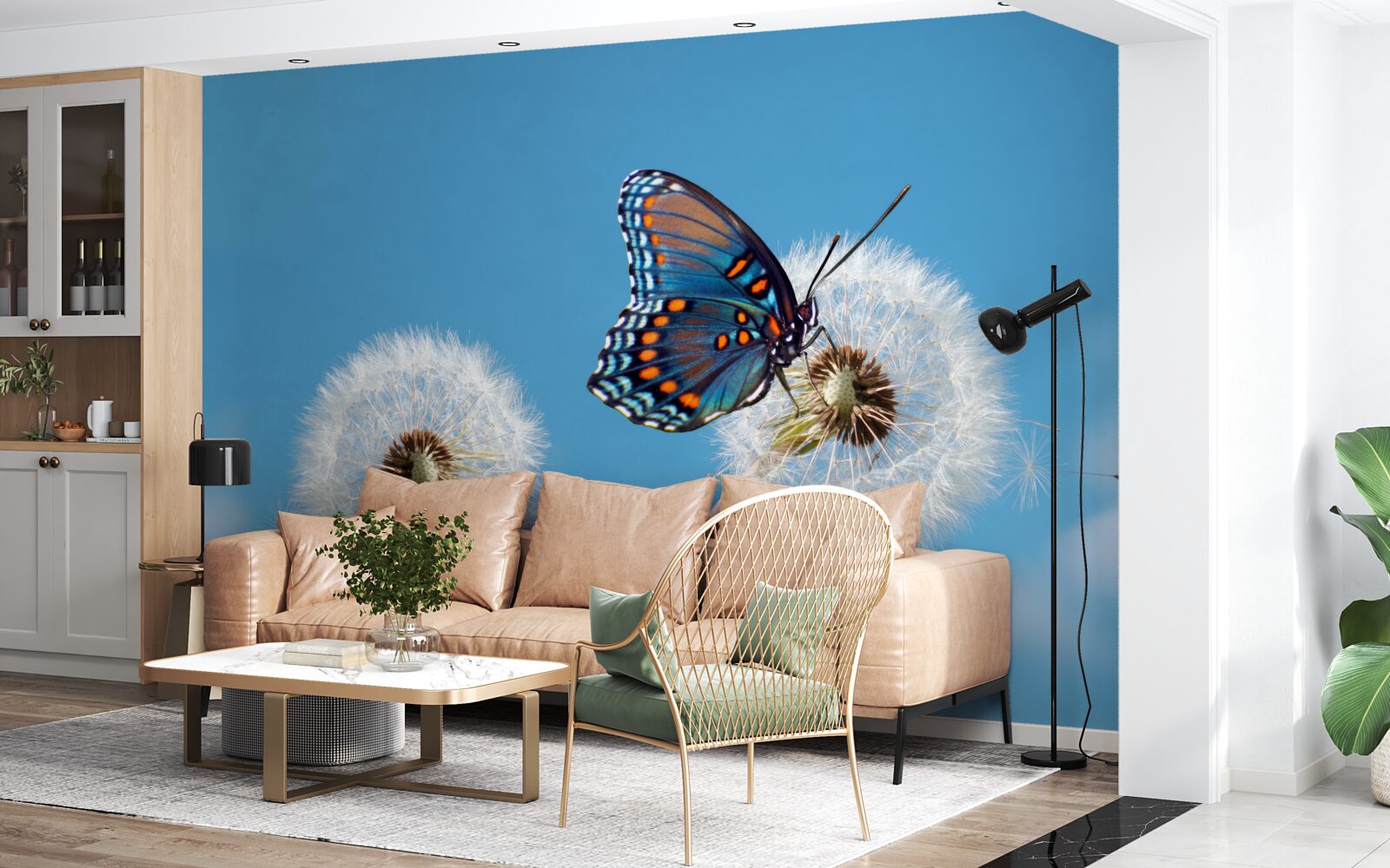 Fototapeten Der Schmetterling sitzt auf einem verdorrten Löwenzahn