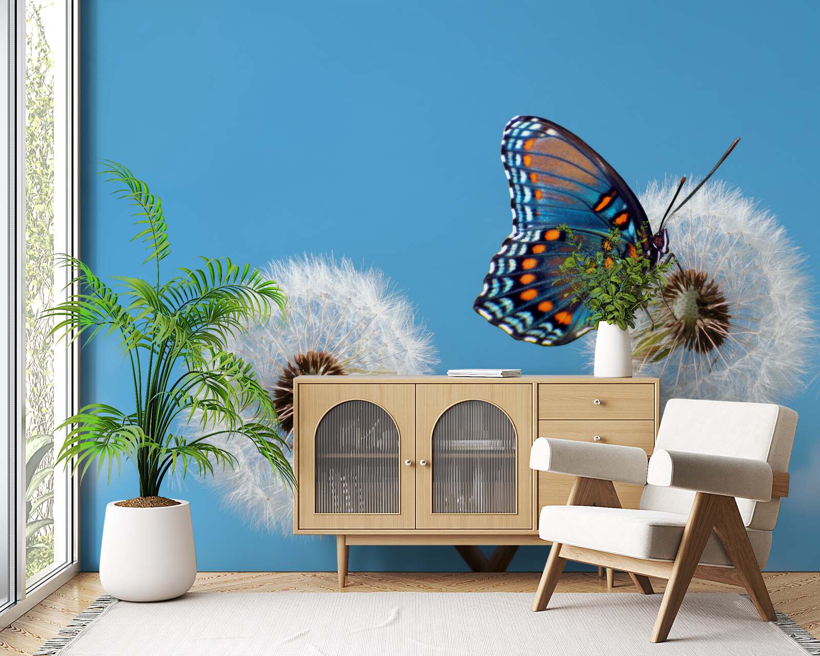 Fototapeten Der Schmetterling sitzt auf einem verdorrten Löwenzahn