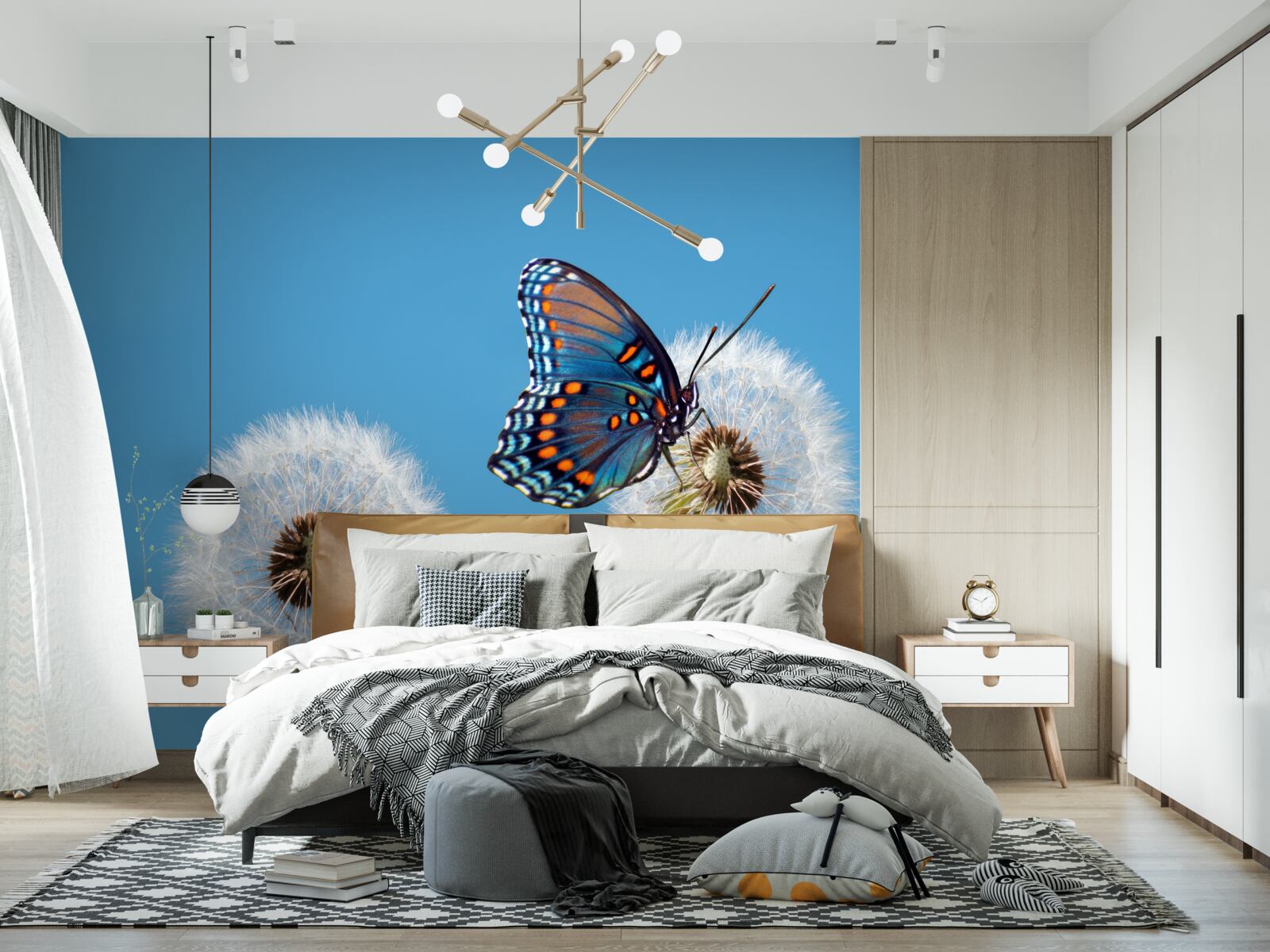 Fototapeten Der Schmetterling sitzt auf einem verdorrten Löwenzahn