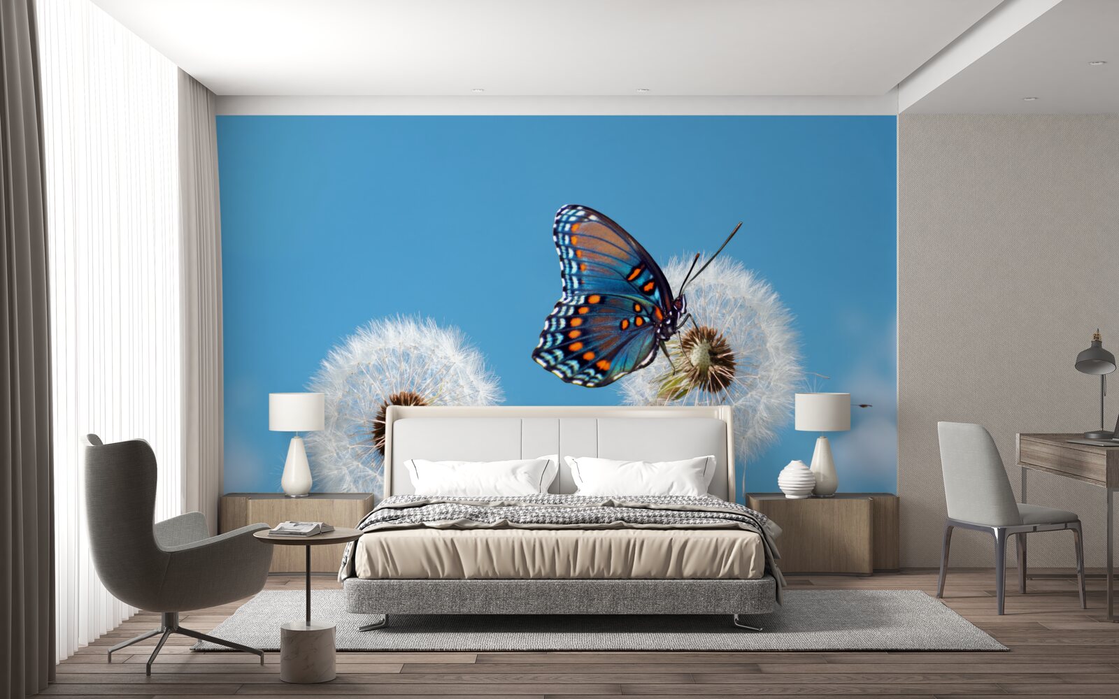 Fototapeten Der Schmetterling sitzt auf einem verdorrten Löwenzahn
